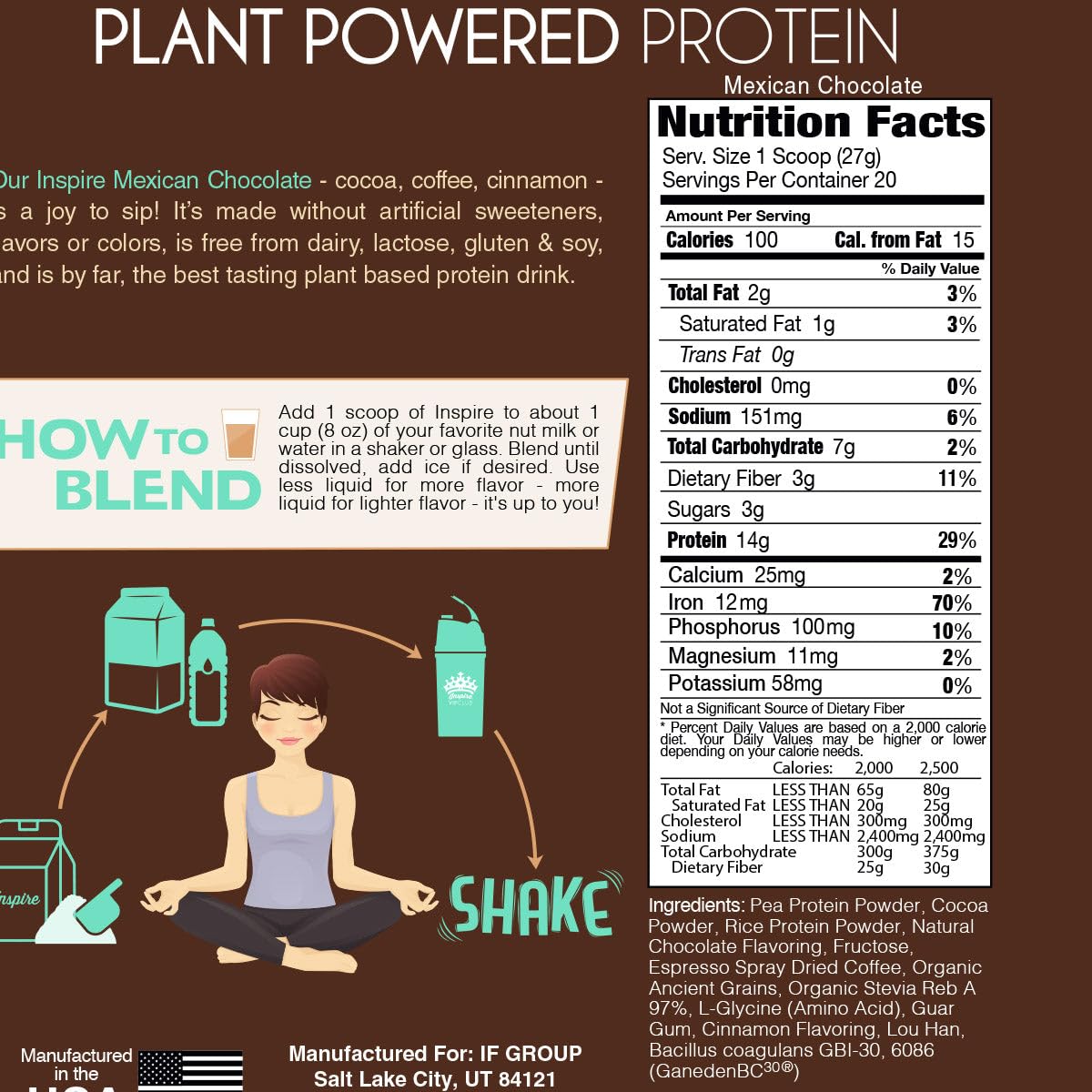 Bariatric Eating Inspire 14g Plant Based Protein Isolate Powder, Mexican Chocolate, 19.04 oz