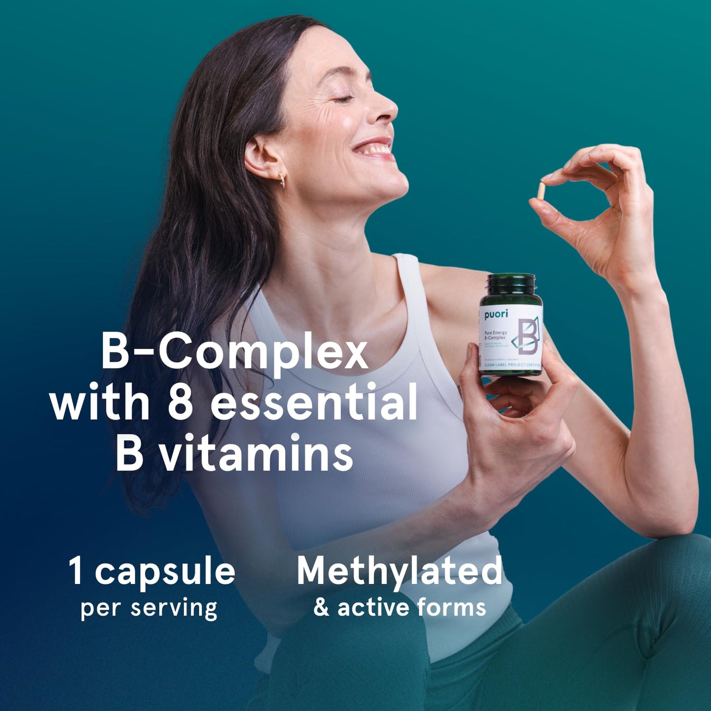 Puori Pure Energy Vitamin B-Complex with 8 Essential Vitamins - Active & Methylated B Vitamins, Capsules, 60 Count