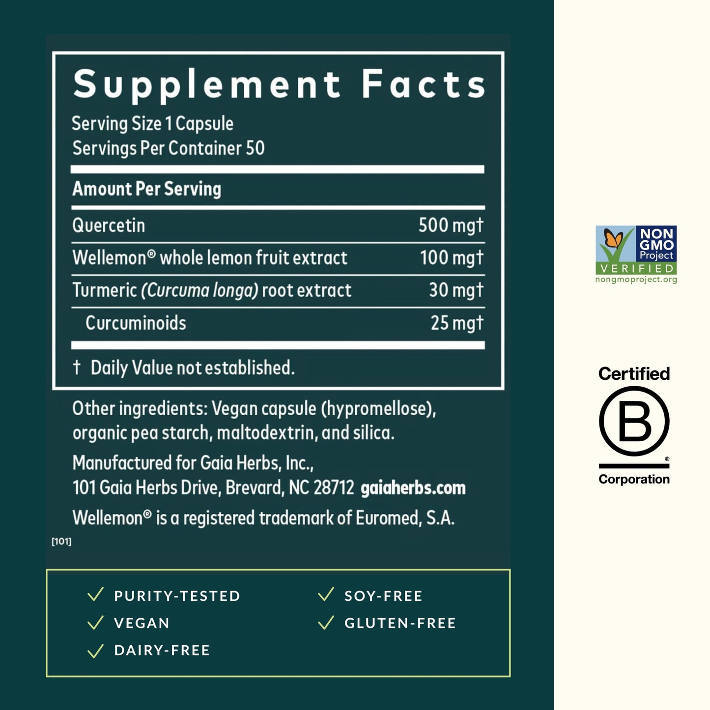 Gaia Herbs Quercetin Synergy - Supports Immune Health* - Wellemon Lemon Fruit Extract Capsules, 50