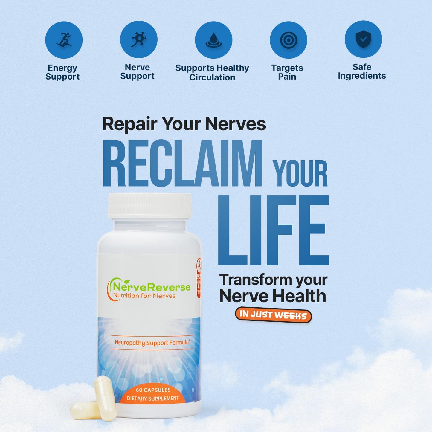 NERVEREVERSE NUTRITION FOR NERVES NerveReverse Neuropathy Support Formula - Alpha Lipoic Acid 600mg, Extra Strength Benfotiamine, B12, B9, B6, and D3 - Vegan, 60 Capsules