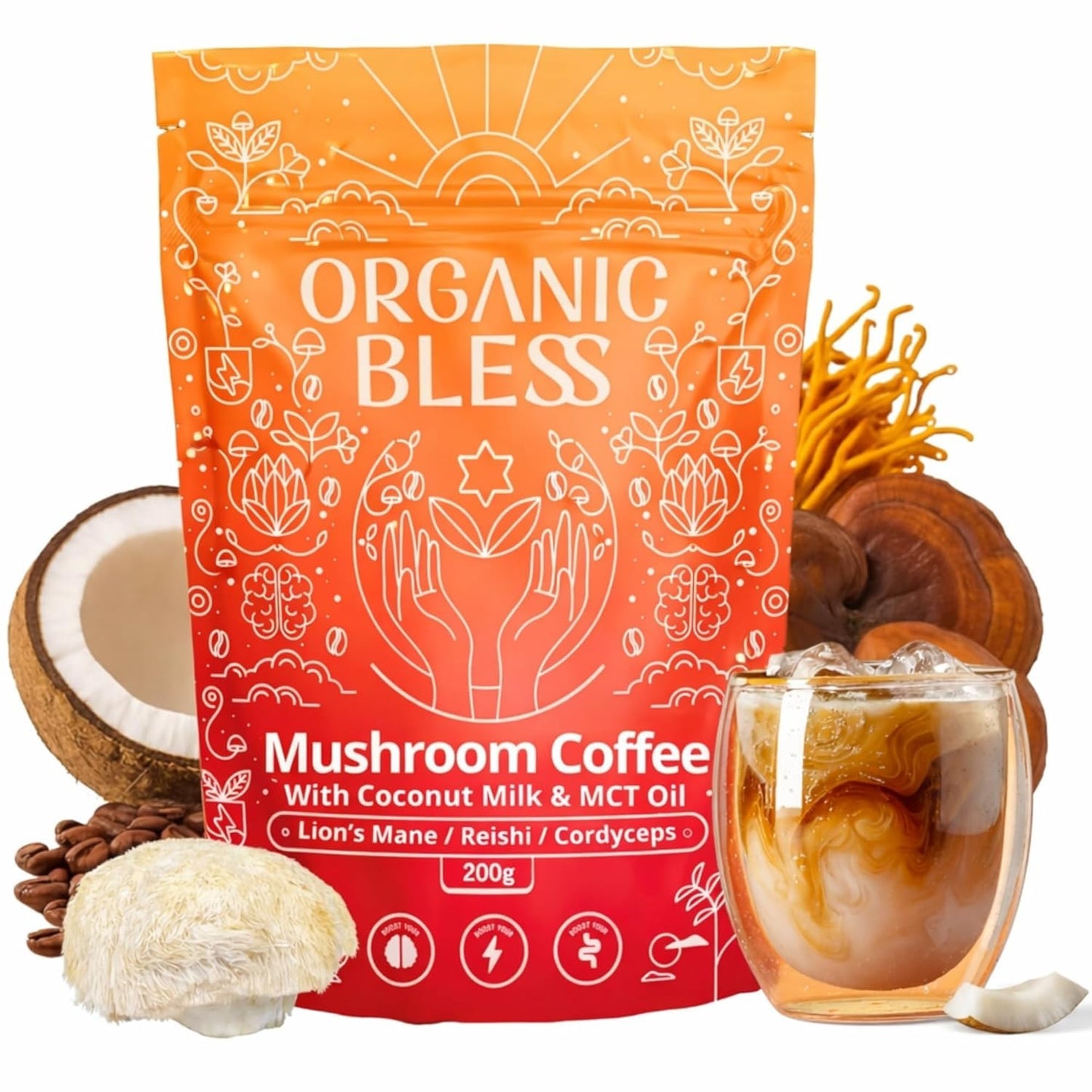 Organic Bless Instant Mushroom Coffee with Lion's Mane, Reishi & Cordyceps – Coconut Milk & MCT Oil – Low Caffeine 31mg – Powder, 7.05 Ounce