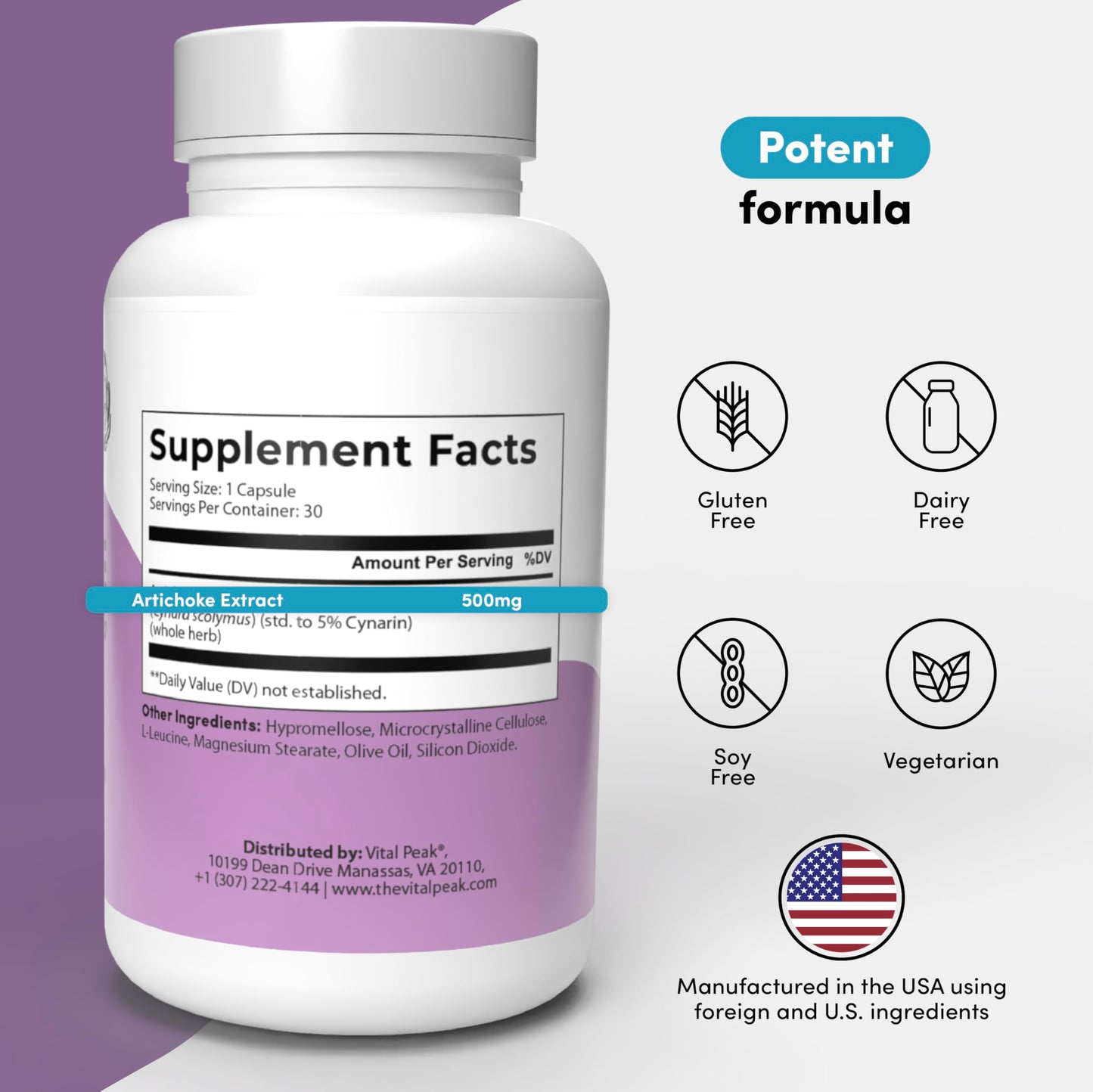 Vital Peak Artichoke 500 mg Supplement Capsules, 30 Count