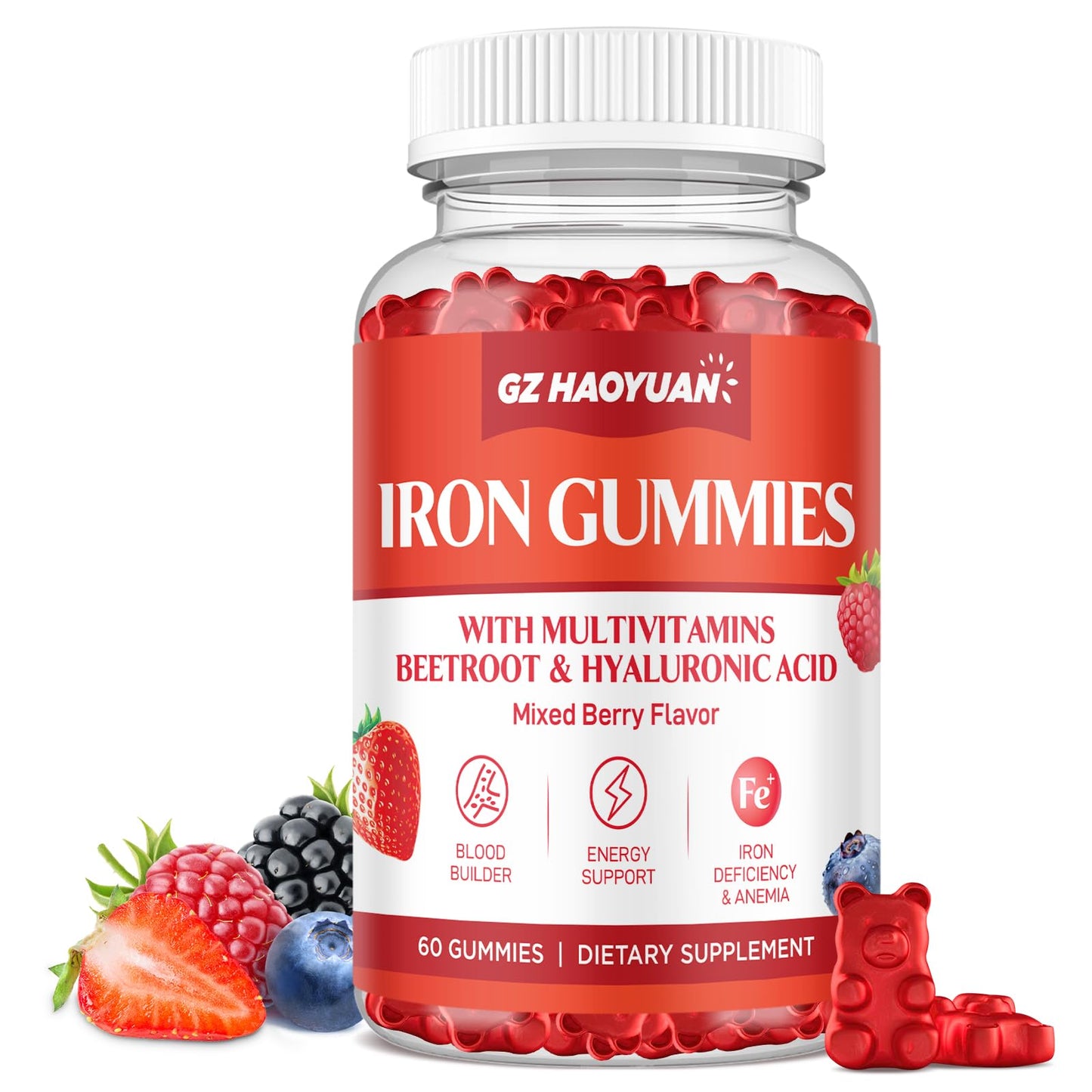 GZ HAOYUAN Iron Gummies with Multivitamin for Adults & Kids, Sugar-Free Mixed Berry Flavor, 60 Gummies