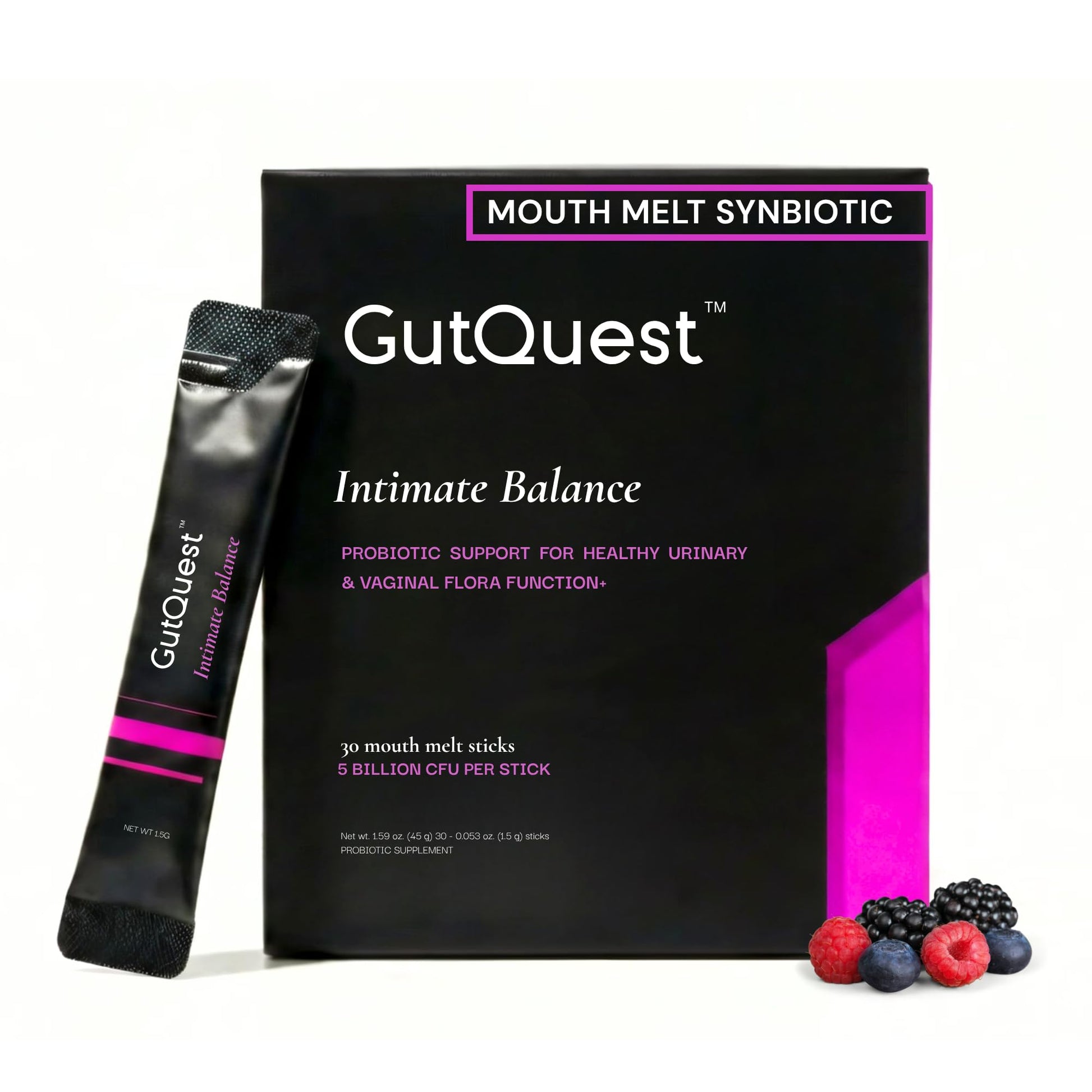 GutQuest Intimate Balance Vaginal & Urinary Tract Health Probiotic for Women GR-1 RC-14 Clinically Studied Strains D-Mannose & Cranberry Wild Berry Powder 1.58 oz