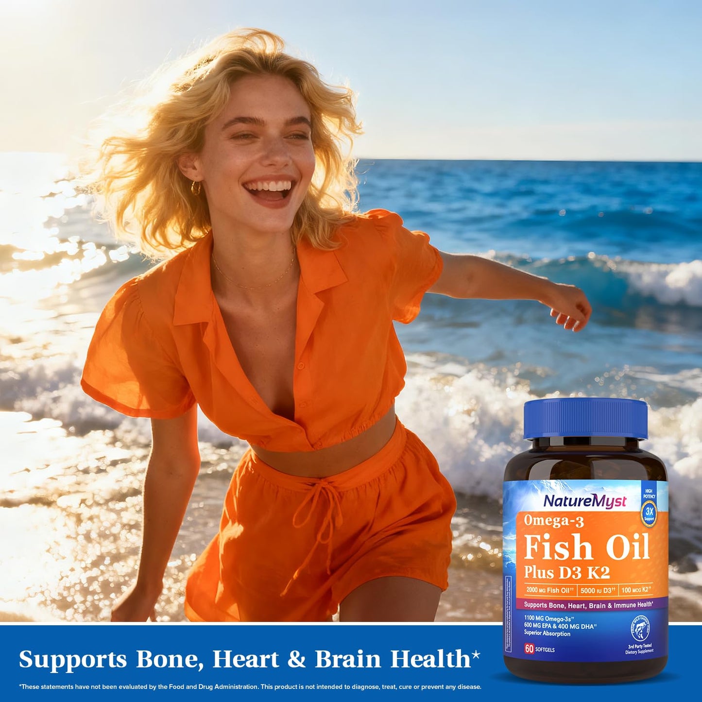 NatureMyst Omega-3 Fish Oil 2000 mg, Vitamin D3 K2 (MK-7), 600 mg EPA, 400 mg DHA Softgels, 60 Count