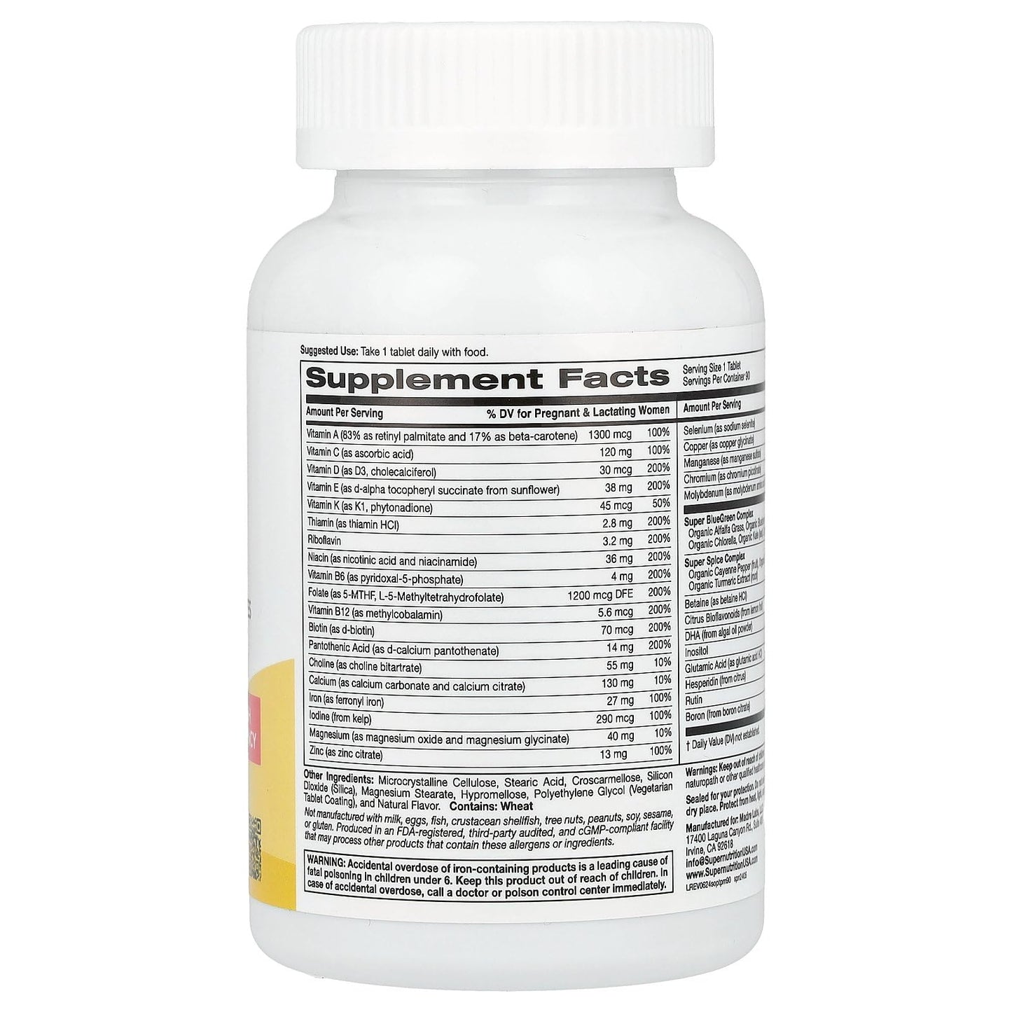 SuperNutrition Simply One Prenatal Multivitamin with Super Greens, Spices, Vitamin A, and Folate, 90 Tablets