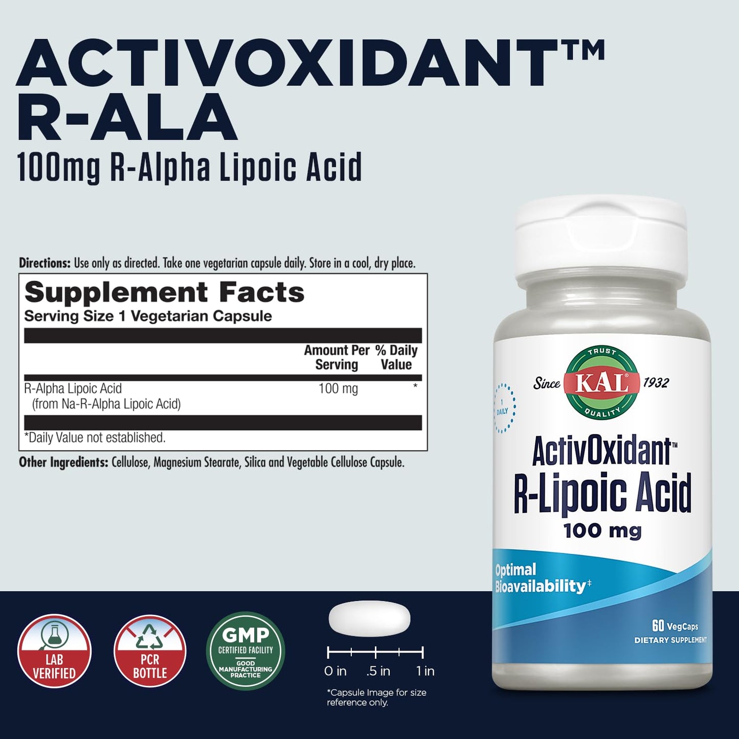 KAL R-Lipoic Acid Activoxidant 100 Mg Tablets, 60 Count