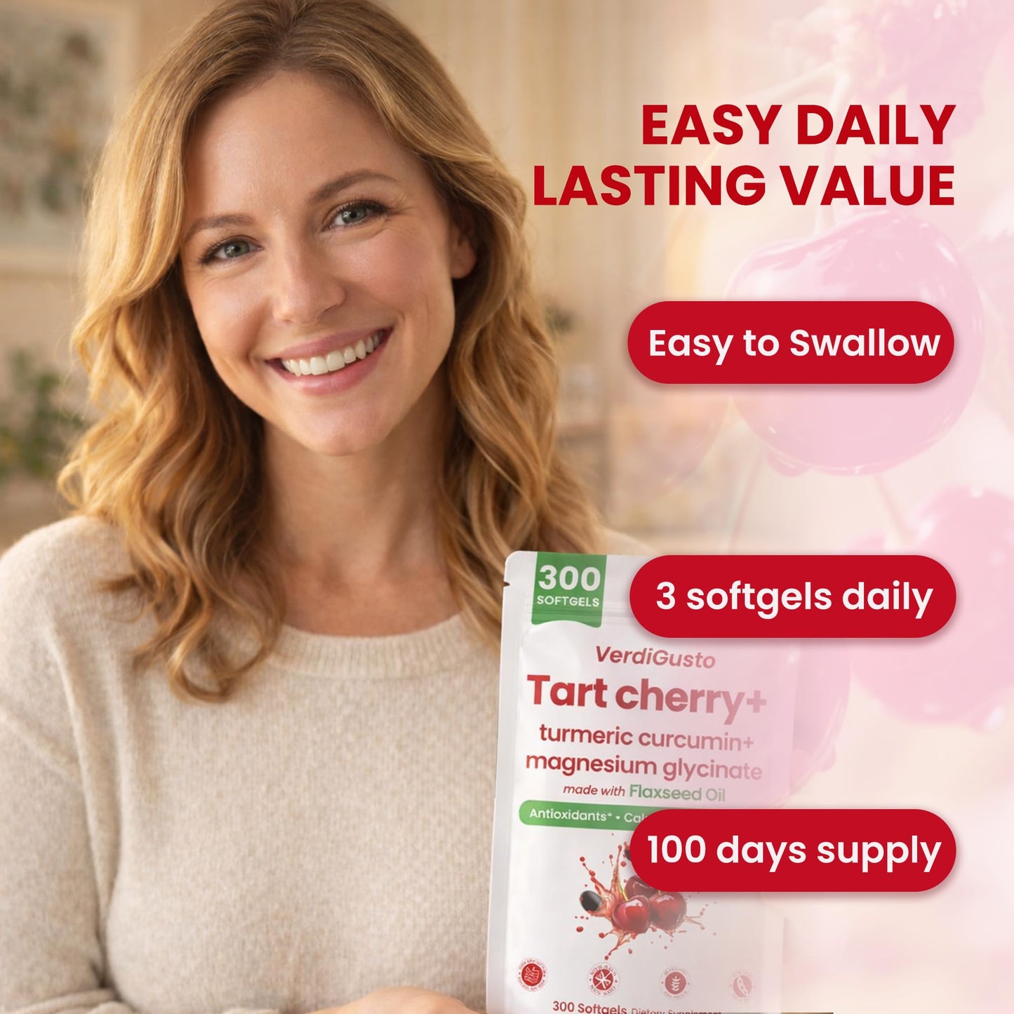 VerdiGusto Tart Cherry Softgel 500mg Cherry Extract Supplement, 300 Count