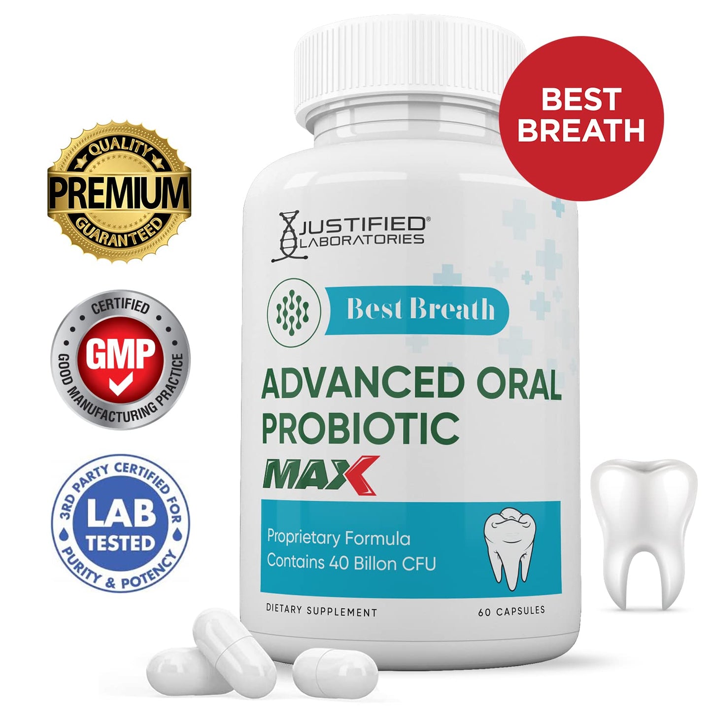 Justified Laboratories Best Breath Max 40 Billion CFU Probiotic Oral Support 60 Capsules