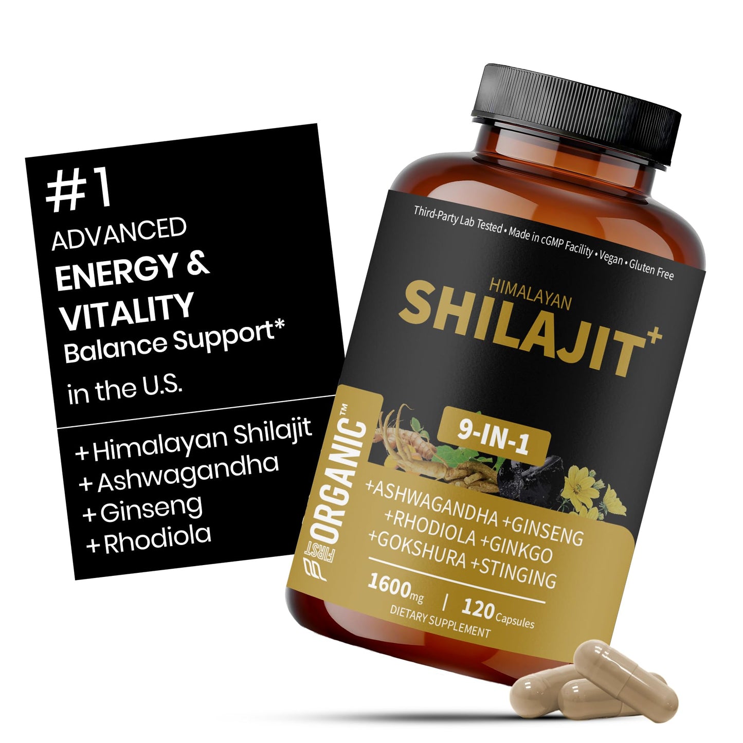 FIRSTORGANIC Himalayan Shilajit Vitality Guard+ Complex 1600mg Capsules, 120 Count, Energy & Vitality Support with Ashwagandha, Rhodiola & More