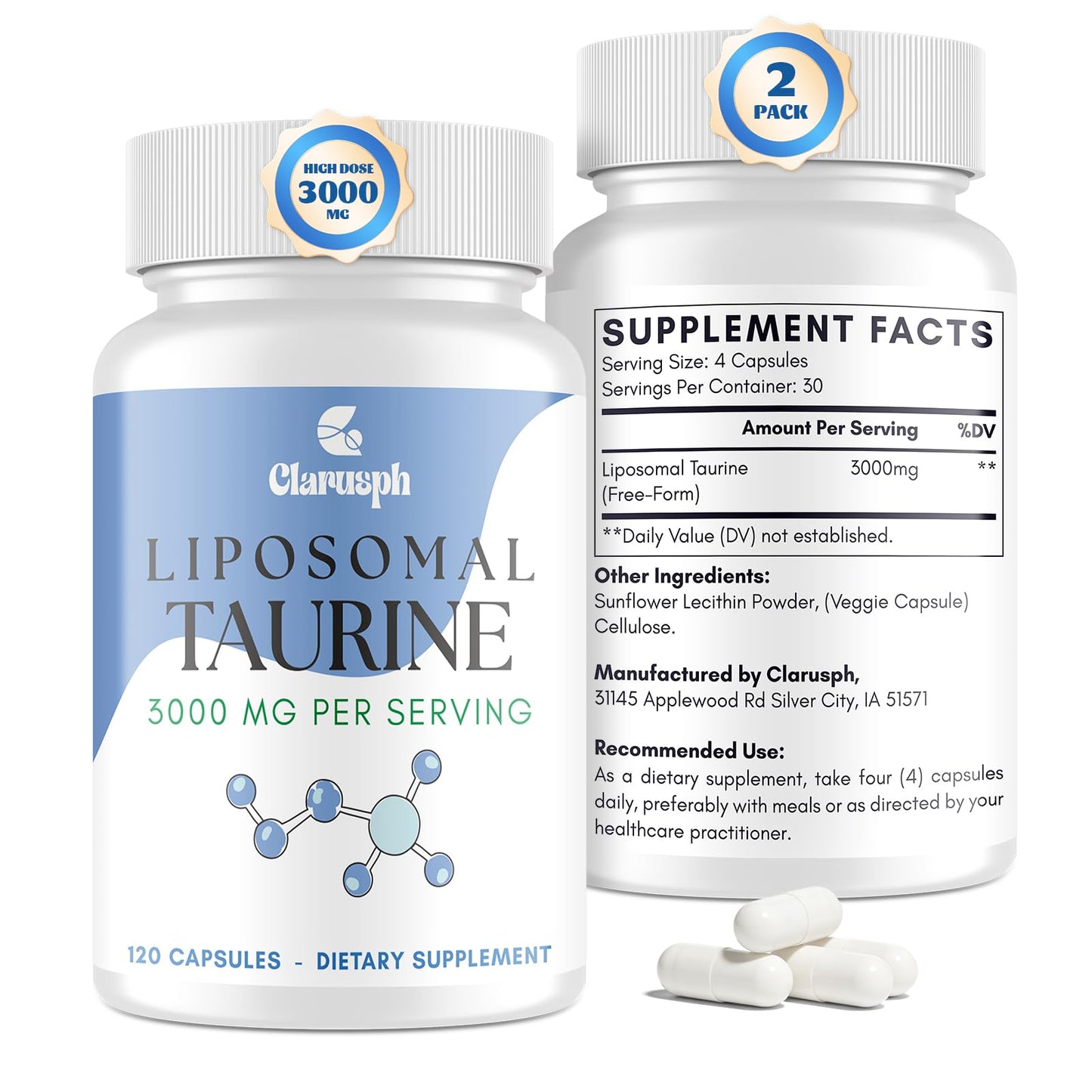 Clarusph Liposomal Taurine 3000mg Capsules, 240 Count