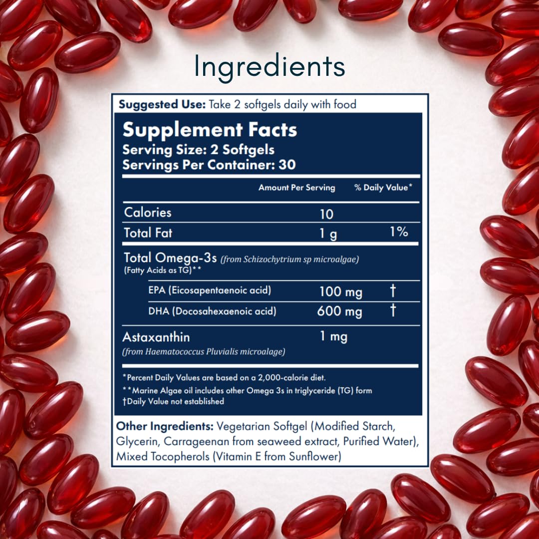 Seavoir Omega 3 Algae-Based Supplement with DHA/EPA & Astaxanthin, 60 Softgels