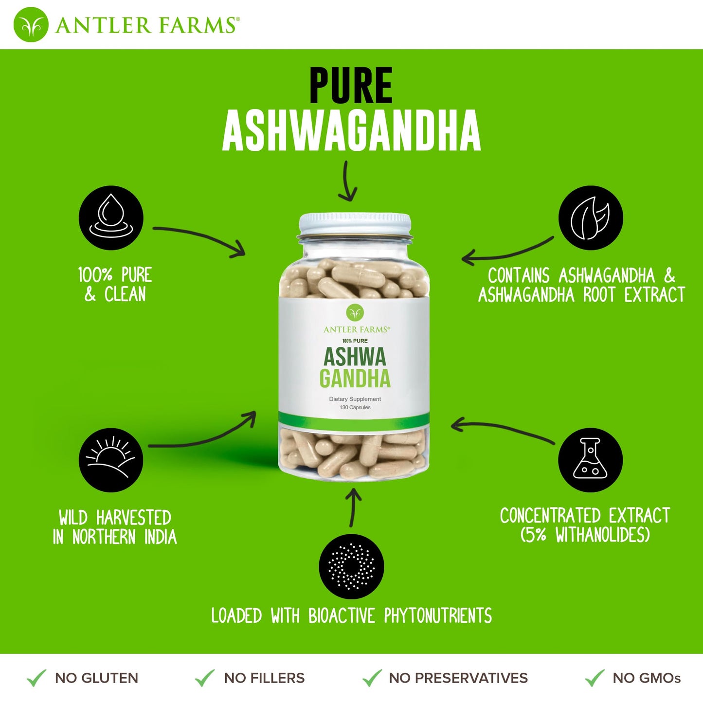 Antler Farms Ashwagandha Root and Ashwagandha Root Extract 1200mg Capsules, 130 Count