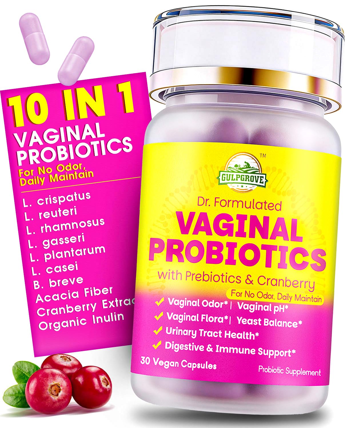 GulpGrove Vaginal Probiotics for Women with Prebiotics & Cranberry Capsules, 30 Count