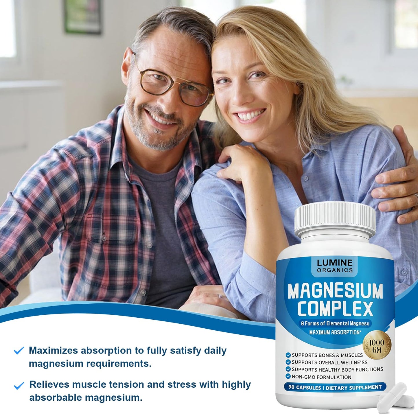 Lumine Organics Magnesium Complex Supplement 1000mg, Advanced 8-in-1 Magnesium Blend, Non-GMO, Capsule, 1 Count