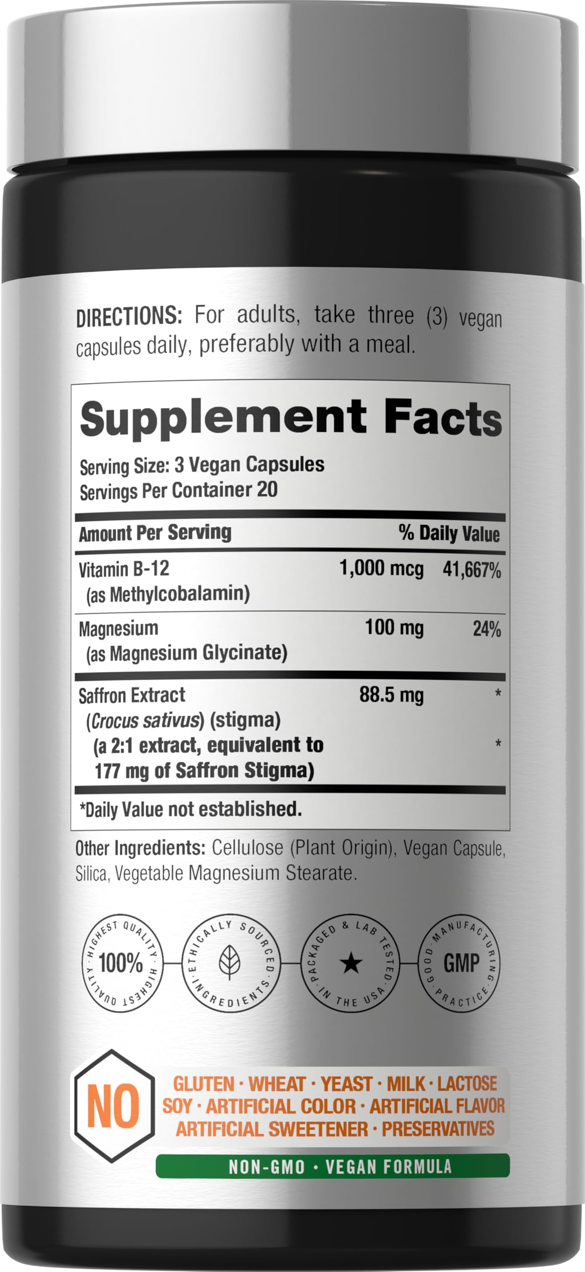 Horbäach Saffron + Magnesium Glycinate Supplement Vegan Capsules, 60 Count