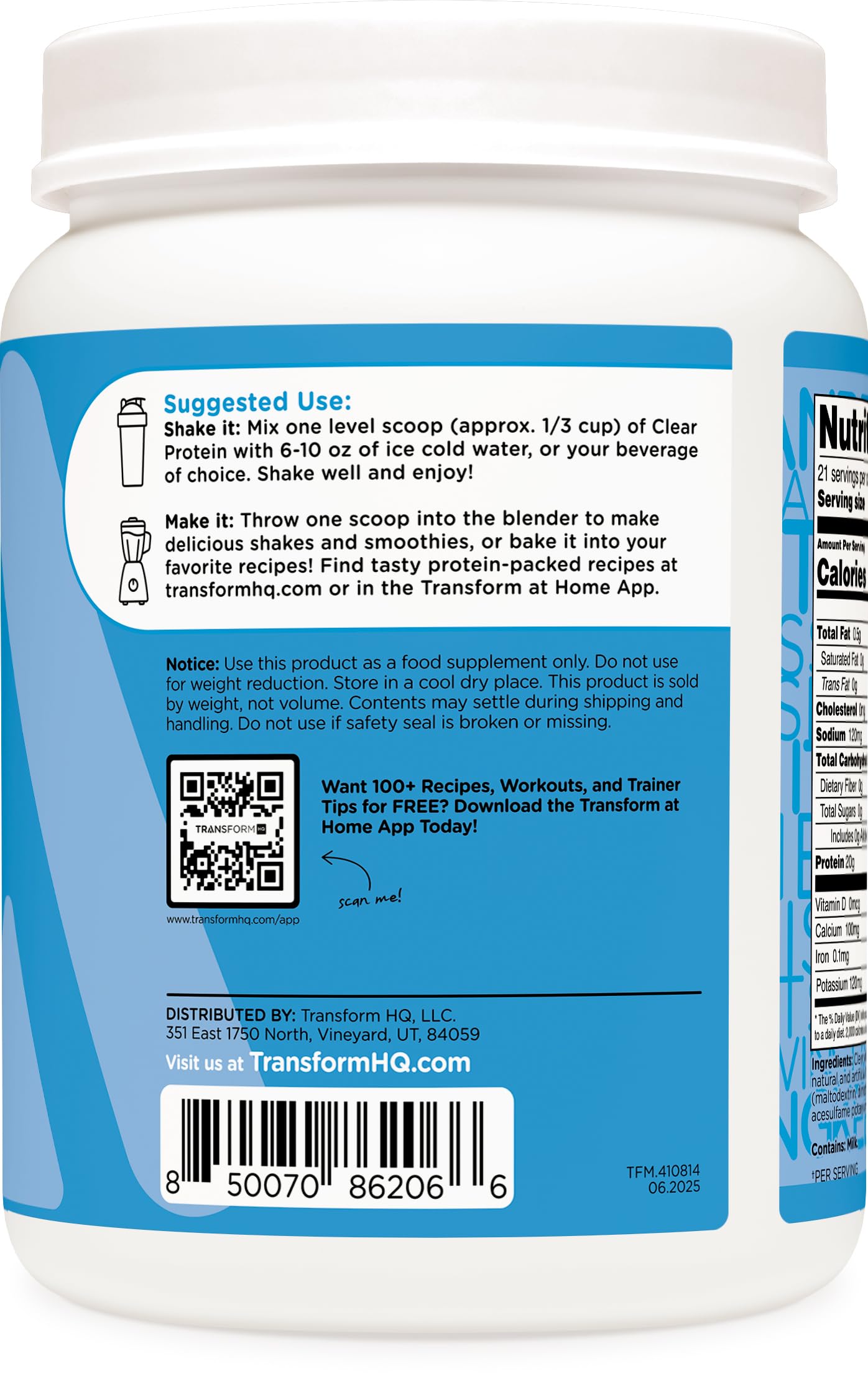 TransformHQ Clear Whey Protein Isolate Powder 19.4 oz