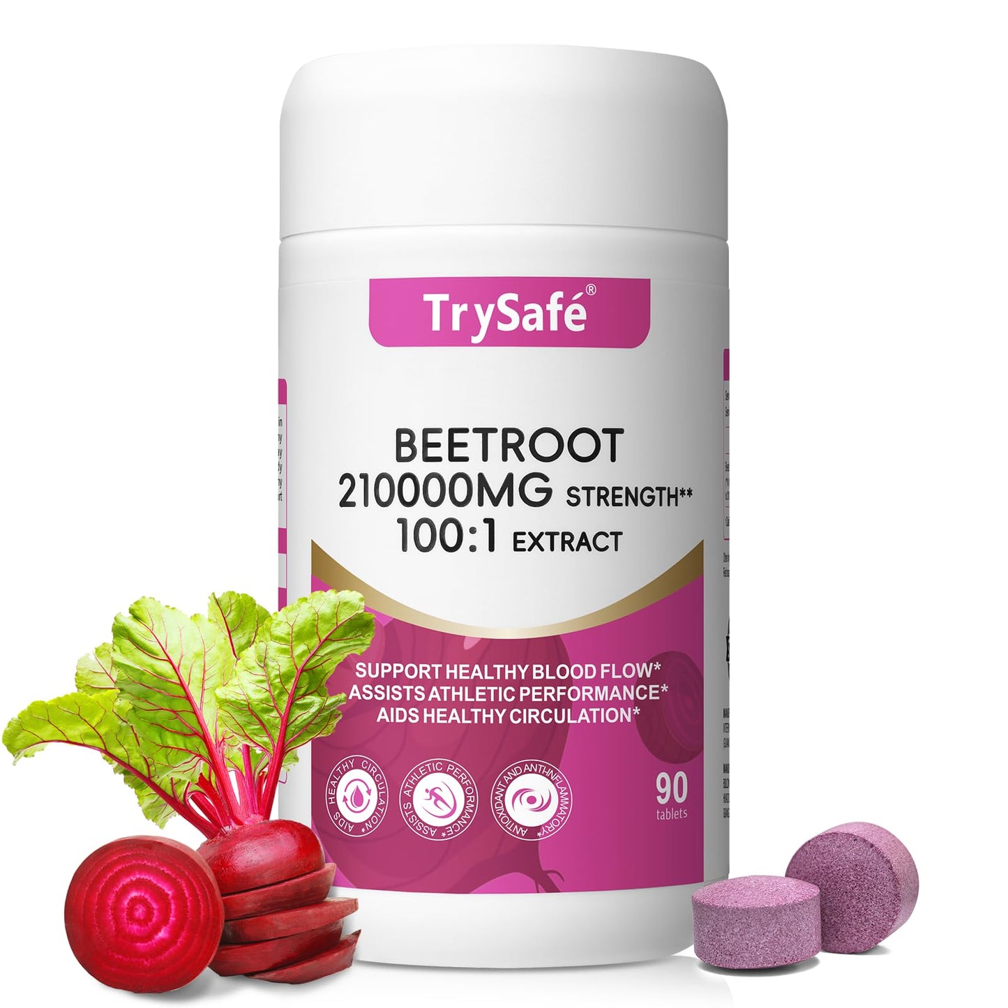 TrySafe Organic Beet Root 210000 mg Strength 100:1 Extract Tablets, 90 Count