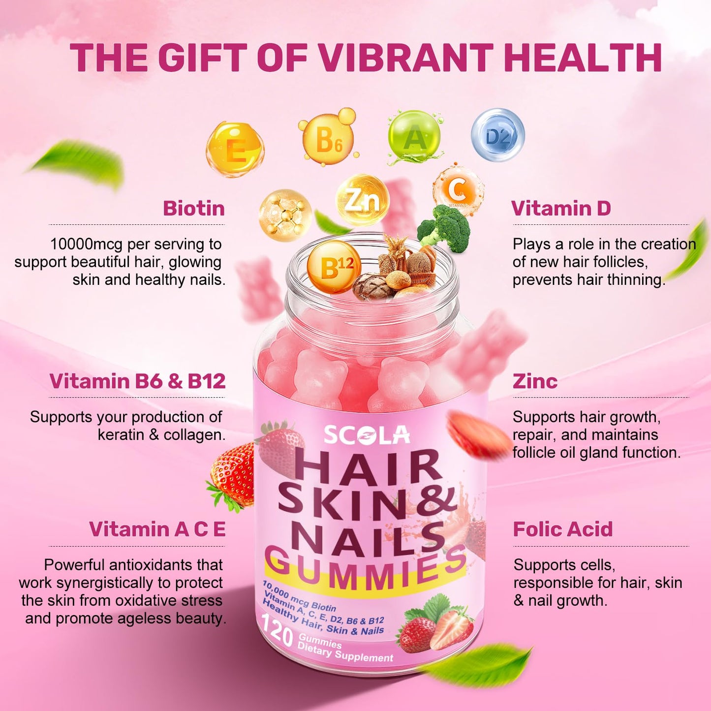 SCOLA Hair Skin and Nails Biotin 10,000mcg Gummies 120 Count