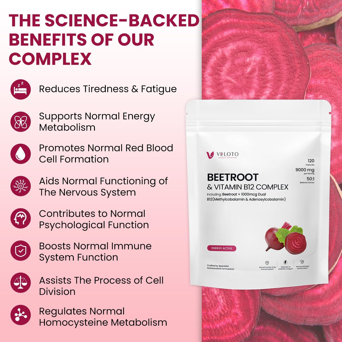 VELOTO Beet Root Extract High Strength 50:1 – 180mg per Capsule with Vitamin B12 1000mcg, Nitric Oxide & Antioxidant Support, Vegan, Non-GMO, 120 Veg Capsules