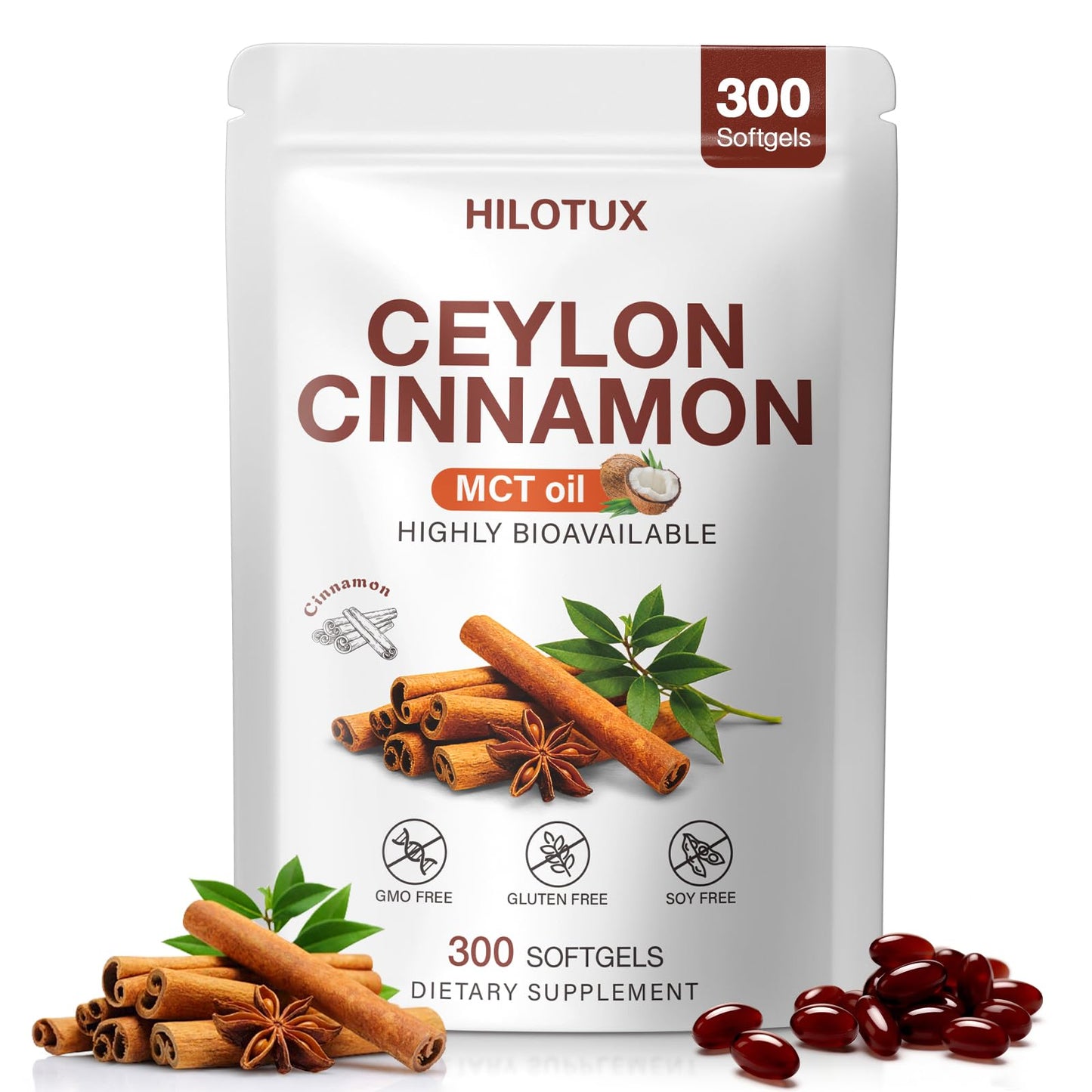 HILOTUX Ceylon Cinnamon Softgels with MCT Oil, 300 Count