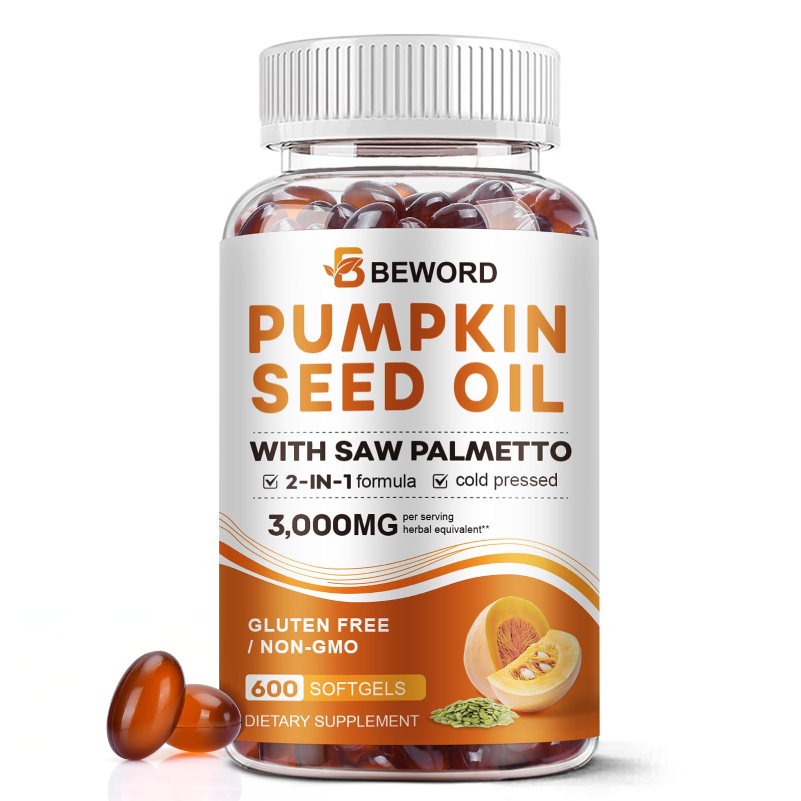 BEWORD Pumpkin Seed Oil with Saw Palmetto Softgels, 600 Count