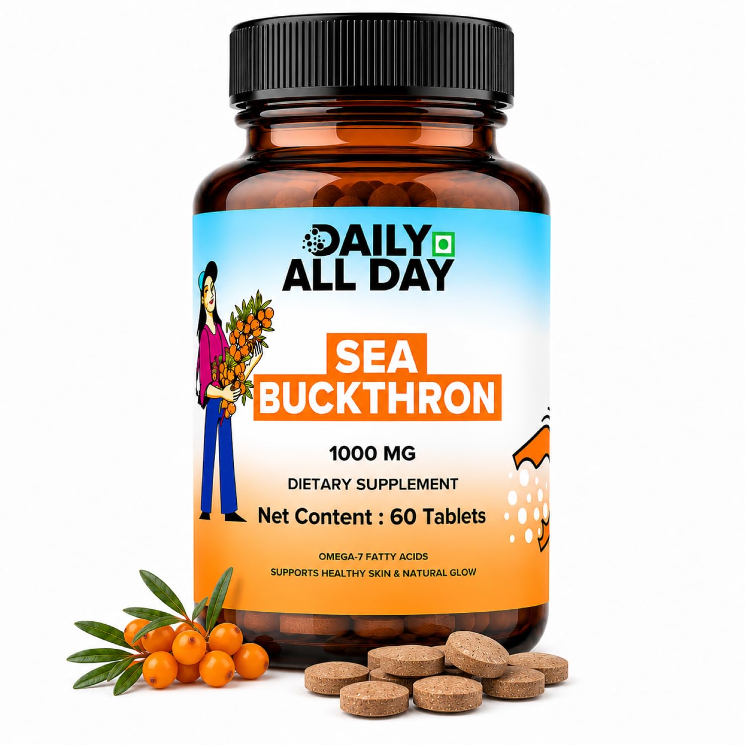 Daily All Day Sea Buckthorn Omega-7 1000mg Vegan Plant-Based Omega 3-6-7-9 & Antioxidants for Skin, Hair & Nails, Berry Extract Superfruit, Non-GMO, 60 Tablets