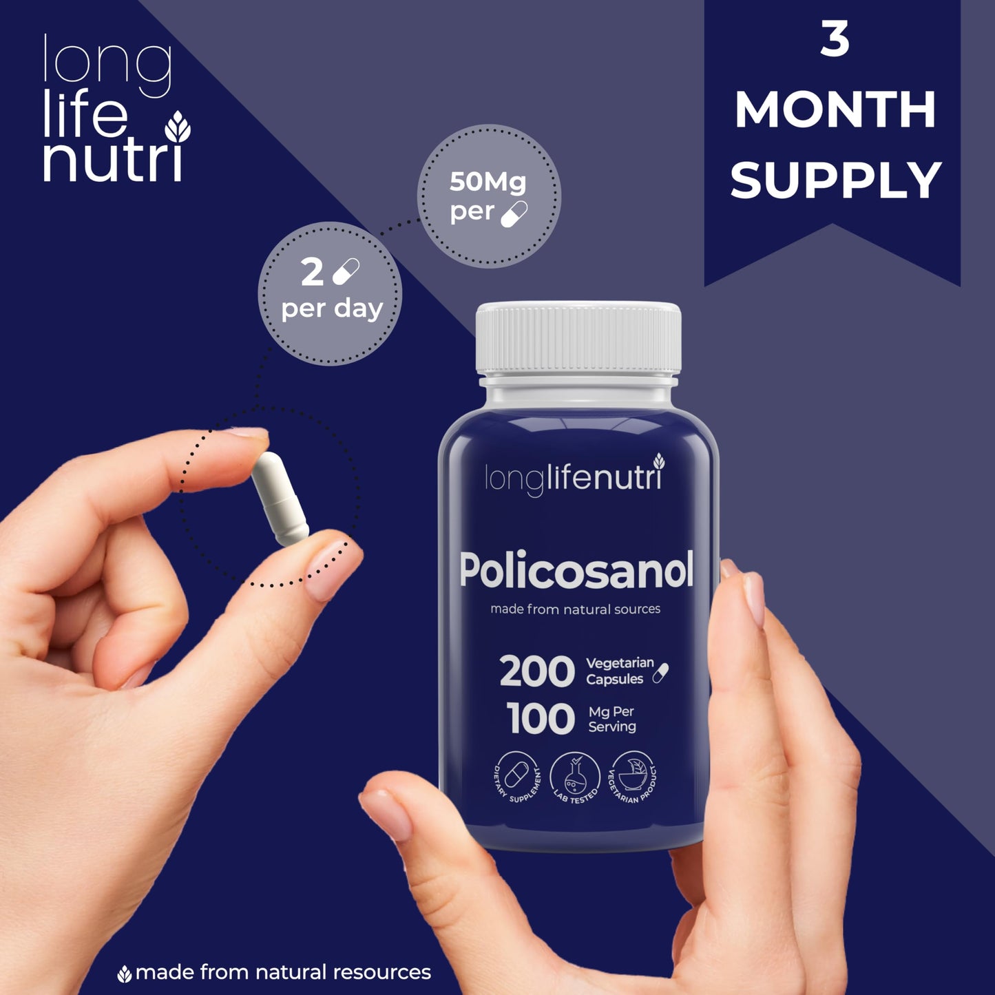 LongLifeNutri Policosanol 100mg Capsules, 200 Count