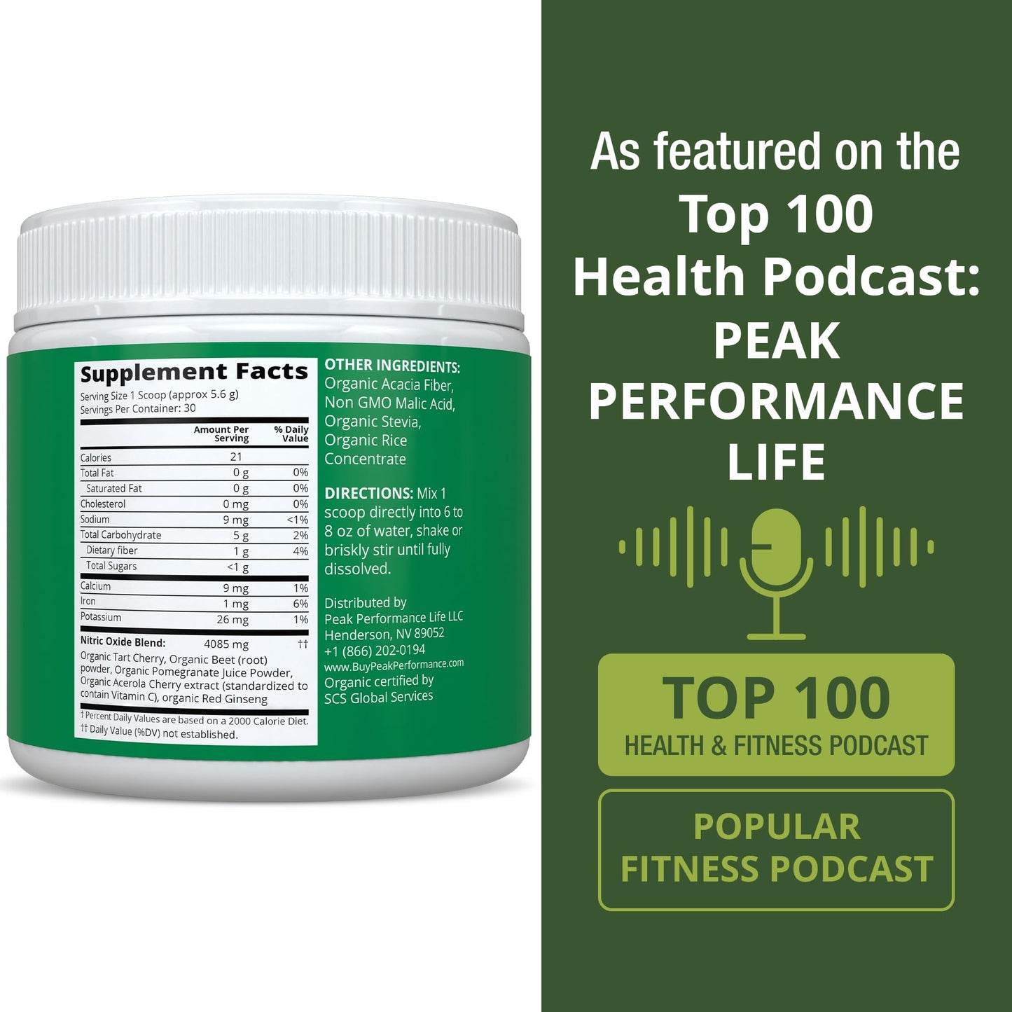 Peak Performance USDA Organic Plant Based Nitric Oxide Booster Powder 5.9 Ounce