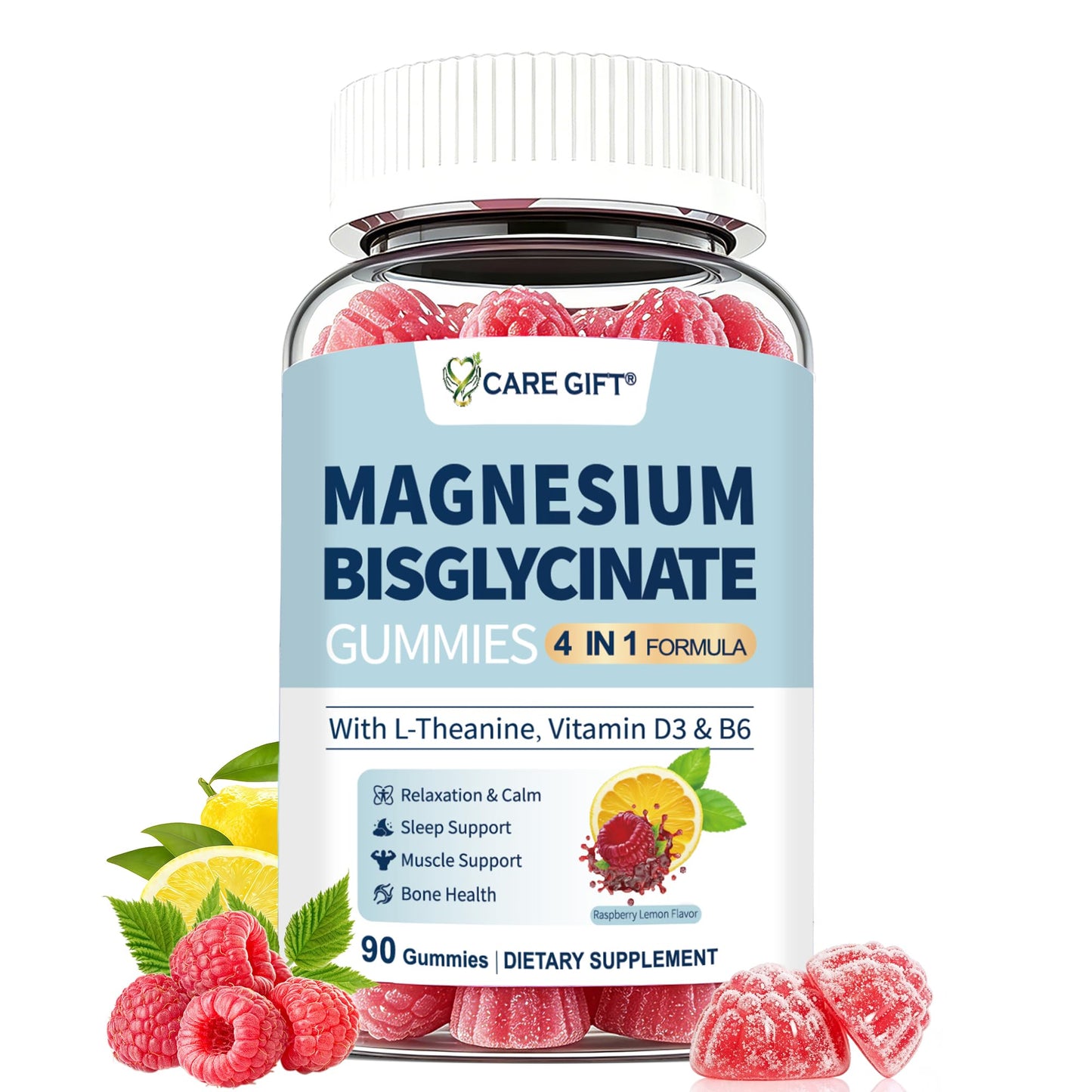 CARE GIFT Magnesium Bisglycinate Gummies 400mg with Vitamin D3, B6 & L-Theanine, Sleep Support, Calm, Muscle Relaxation, Bone Health, 90 Gummies