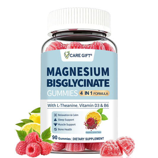 CARE GIFT Magnesium Bisglycinate Gummies 400mg with Vitamin D3, B6 & L-Theanine, Sleep Support, Calm, Muscle Relaxation, Bone Health, 90 Gummies