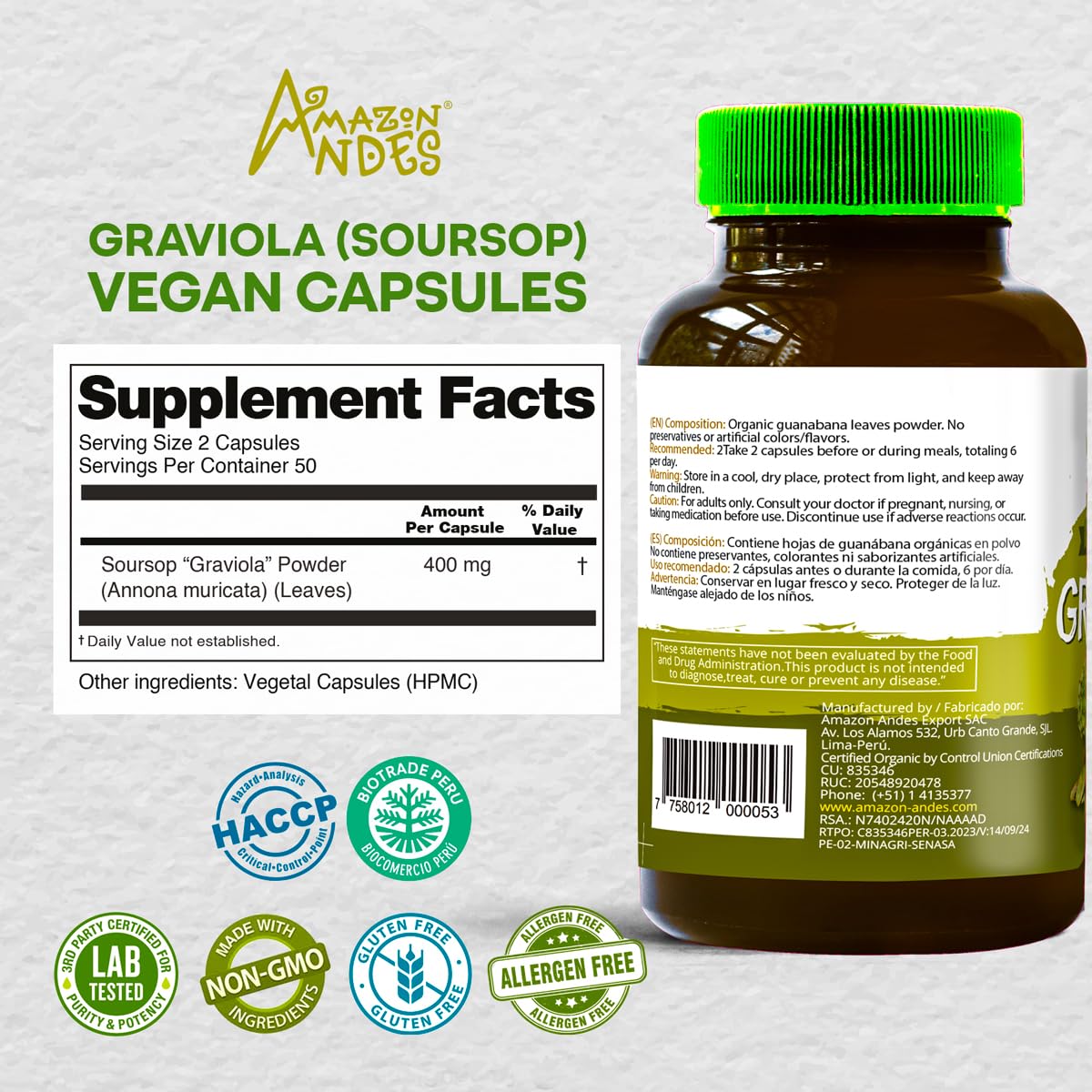 AMAZON ANDES HEALTHY · SUSTAINABLE · FAIR Organic Graviola Soursop Leaf Capsules 400mg, 1 Capsule