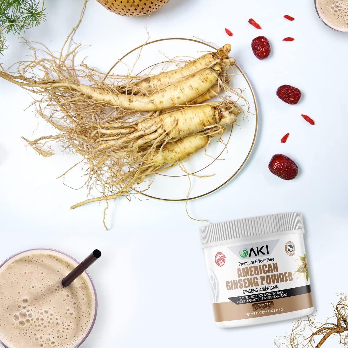 AKI ORGANIC American Ginseng Powder with 4% Ginsenosides, 4 oz