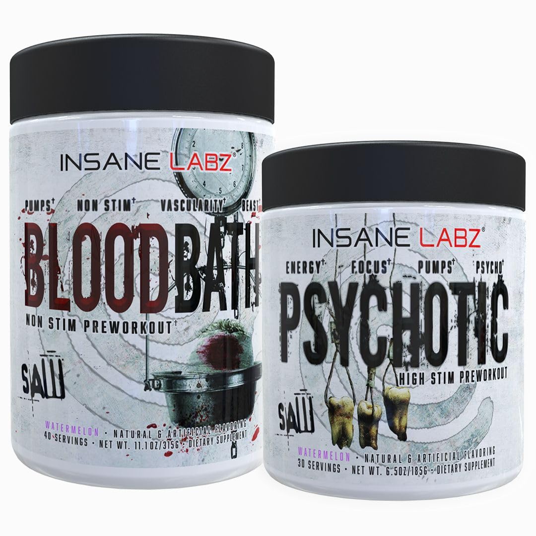 Insane Labz Psychotic Saw and Blood Bath Pre Workout Nitric Oxide Booster Stack Powder, 30 Servings