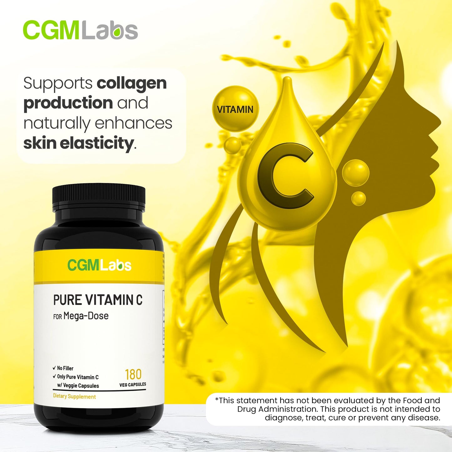 CGMLABS Mega Dose Pure Vitamin C 1000 mg Capsules, 180 Count