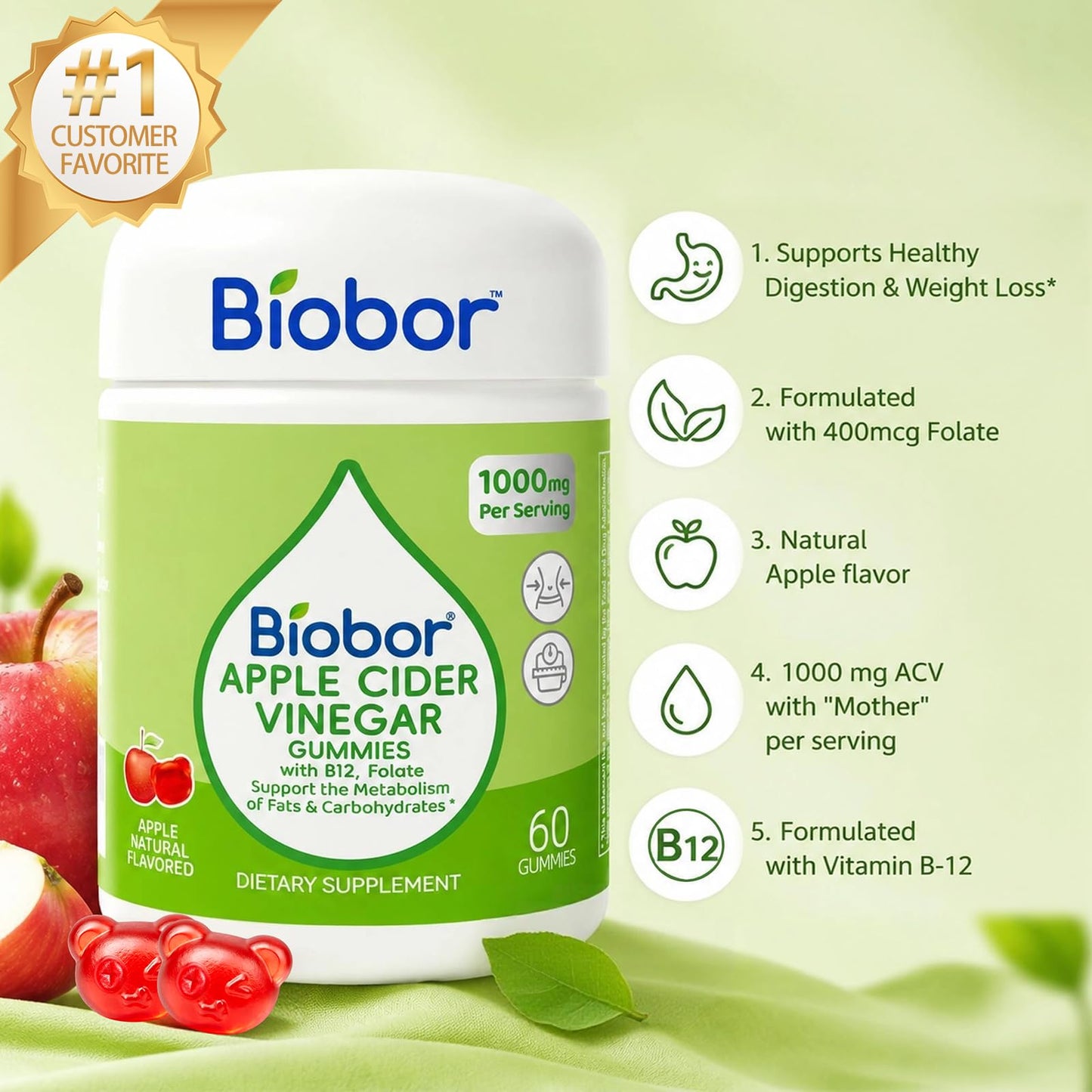 Biobor Apple Cider Vinegar Gummies 1000 mg with Vitamin B12, 60 Gummies