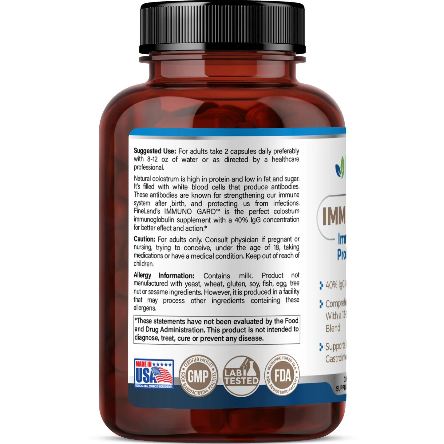 FineLand IMMUNO Gard - Colostrum with 40% IgG and 13-Strain Probiotic Blend (50 Billion CFU) - Botanical and Nutritional Complex for Internal Balance Capsules, 60 Count