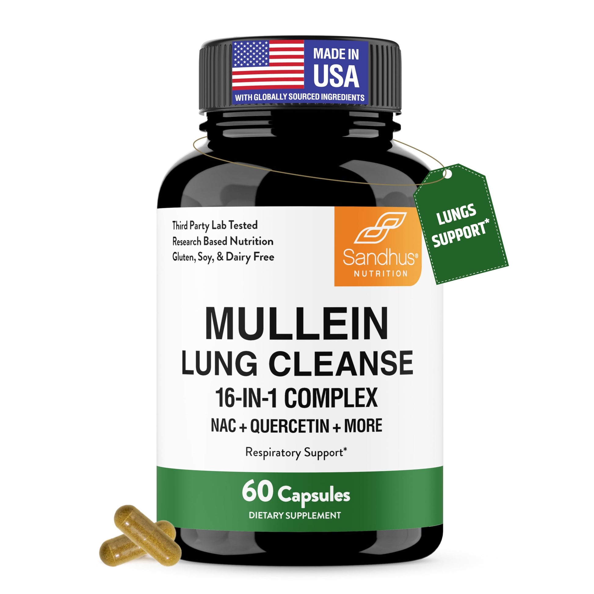 Sandhu's Mullein Capsules for Lungs with Quercetin, Mullein Leaf Extract Supplement for Immune, Lung & Respiratory Health Support, 60 Capsules
