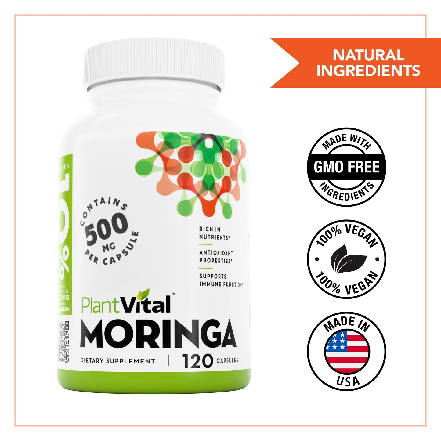 Plantvital Organic Moringa Leaf Capsules 500mg, 120 Count