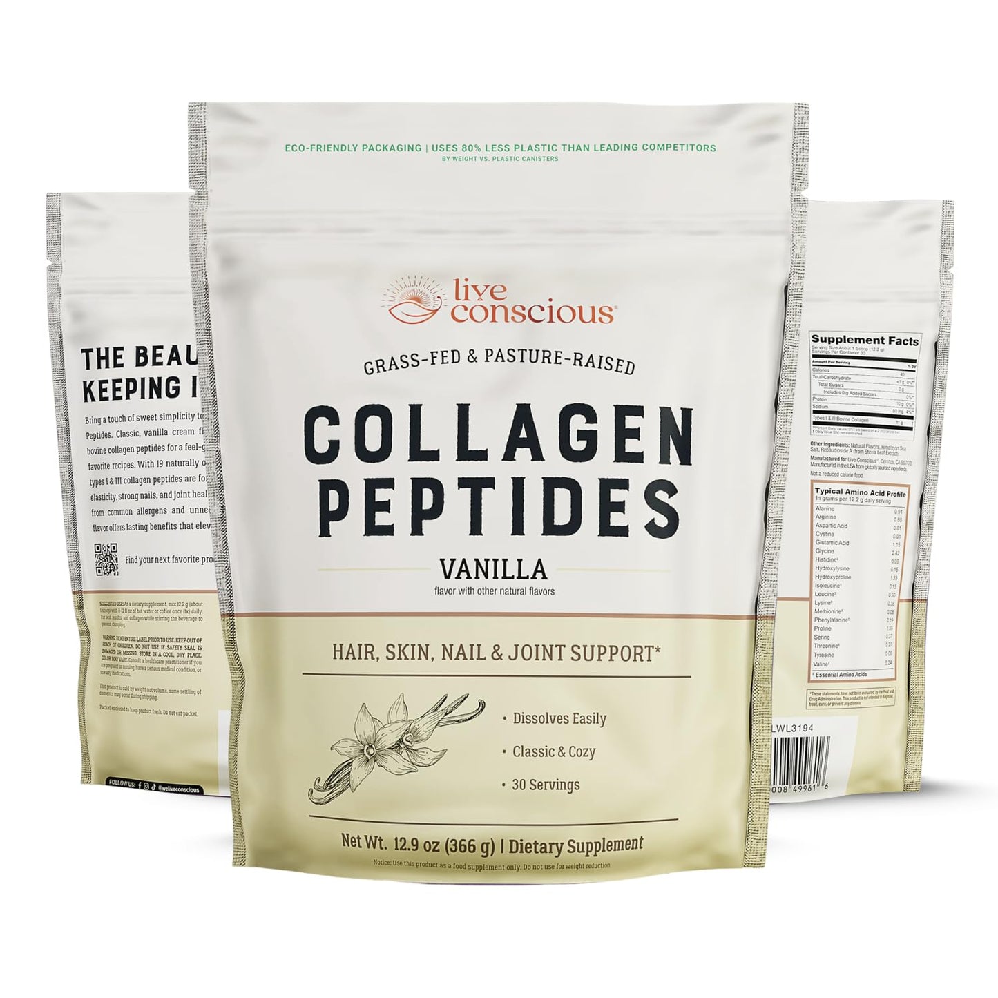 Live Conscious Collagen Peptides Powder - Vanilla Flavored - Hair, Skin, Nail, & Joint Support - Type I & III Grass-Fed Collagen for Women and Men - 26