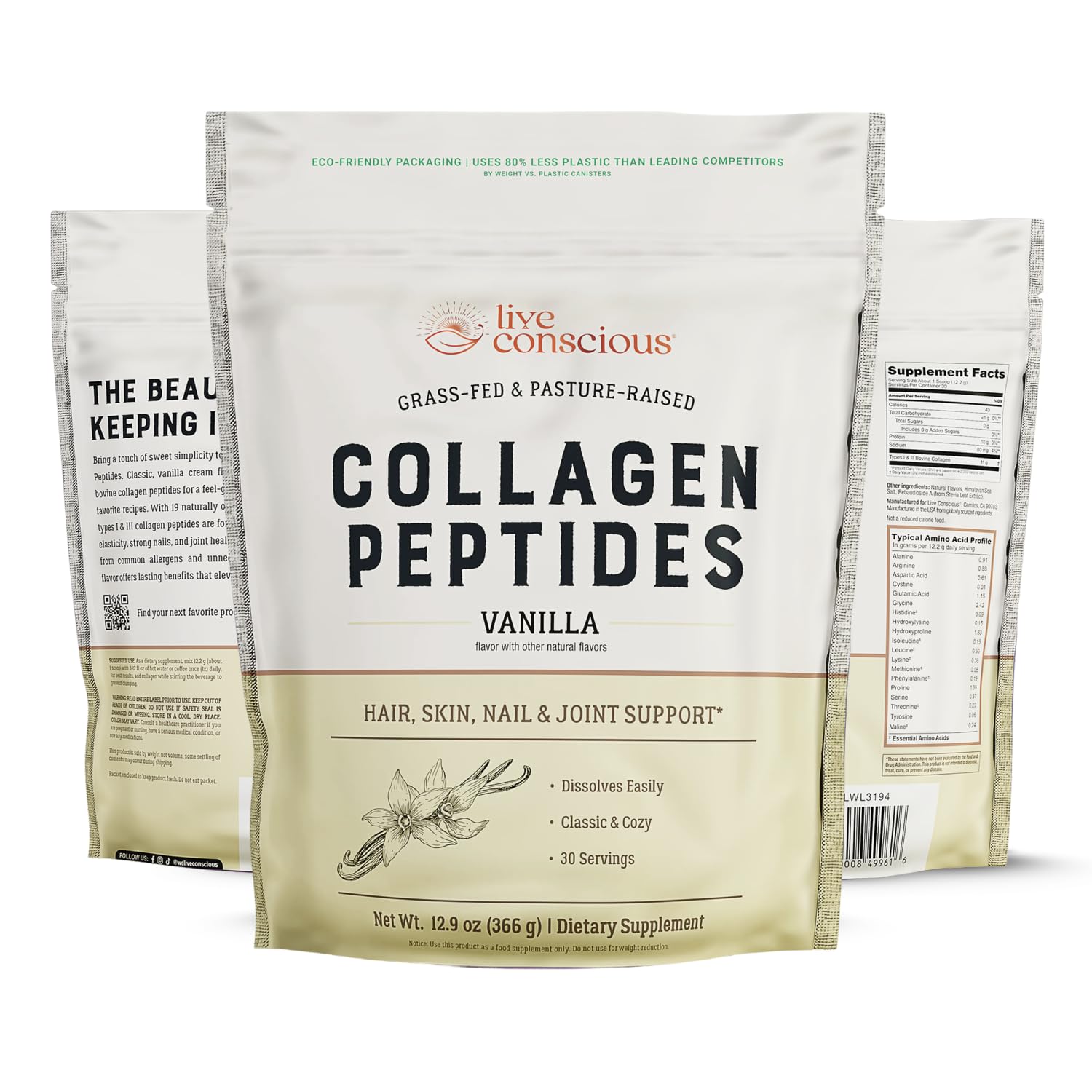 Live Conscious Collagen Peptides Powder - Vanilla Flavored - Hair, Skin, Nail, & Joint Support - Type I & III Grass-Fed Collagen for Women and Men - 26