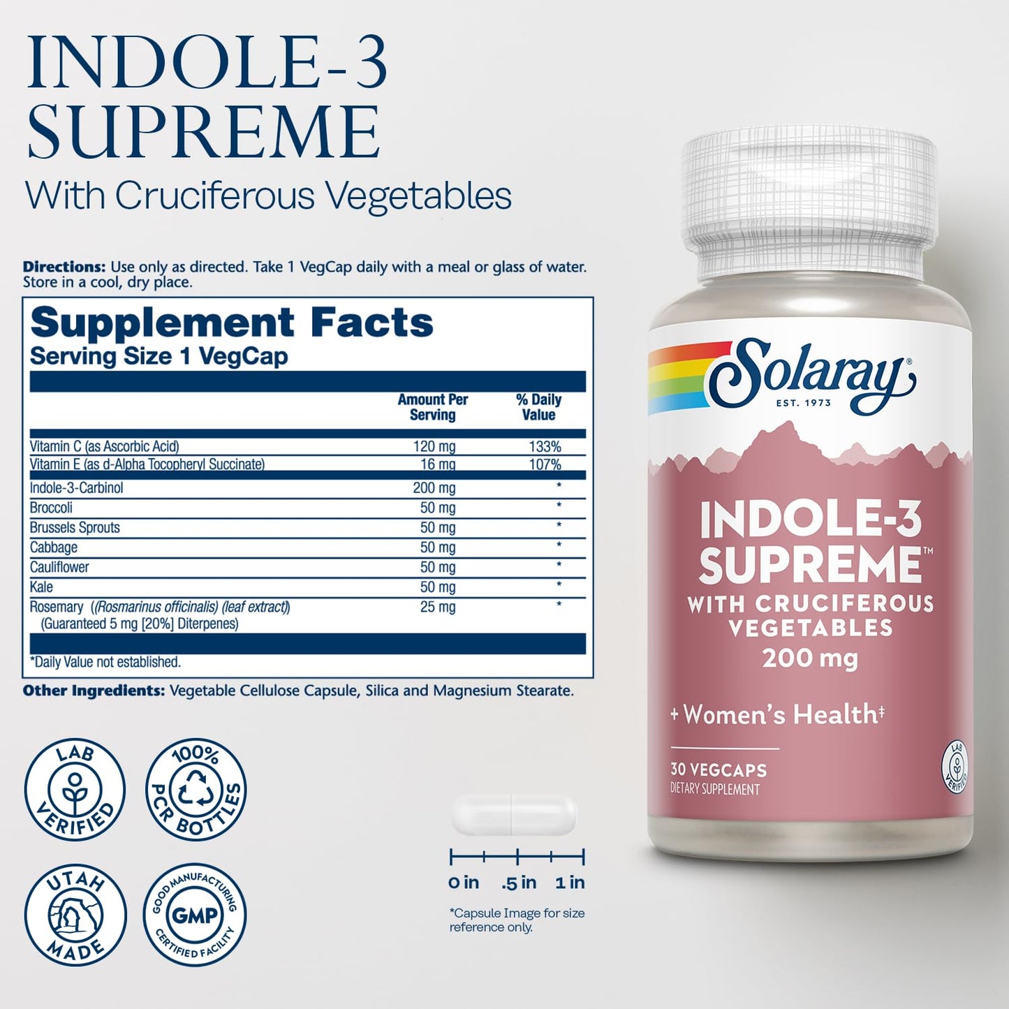 SOLARAY Indole-3 Supreme with Cruciferous Vegetables - Women's Health Support - DIM Plus Broccoli, Kale, and More, 30 Capsules