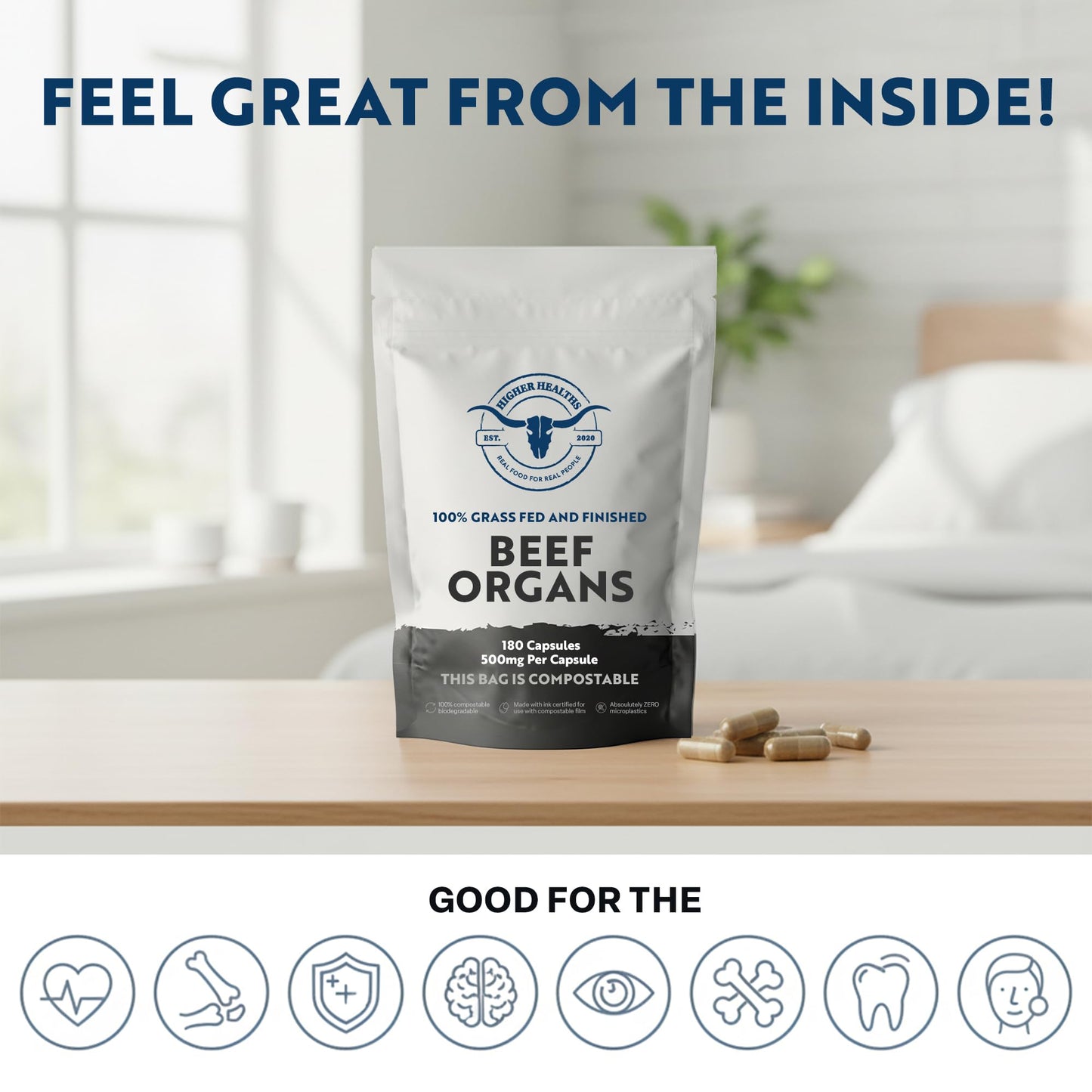 Higher Healths 100% Grass Fed Beef Organs Freeze-Dried Organ Blend 180 Capsules