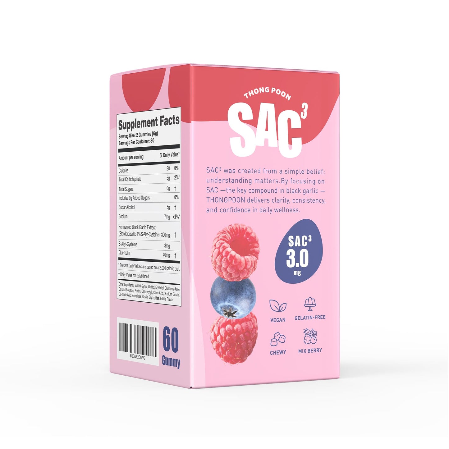 THONGPOON SAC3 Black Garlic 3.0 mg S-Allyl-Cysteine per Serving, Immune & Heart Support – Antioxidant Superfood Formula with Quercetin, 60 Gummies
