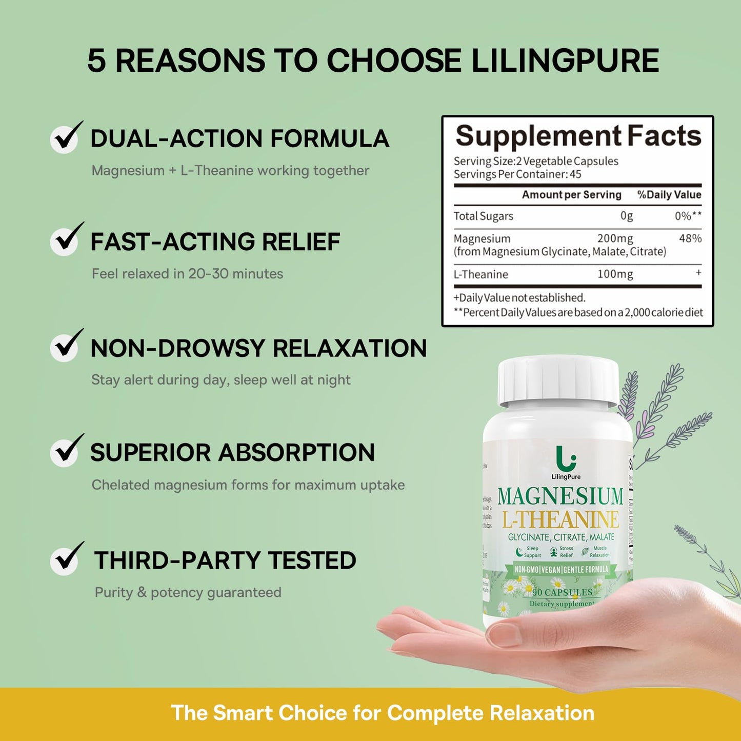 LilingPure Triple Magnesium Complex with L-Theanine, 90 Capsules