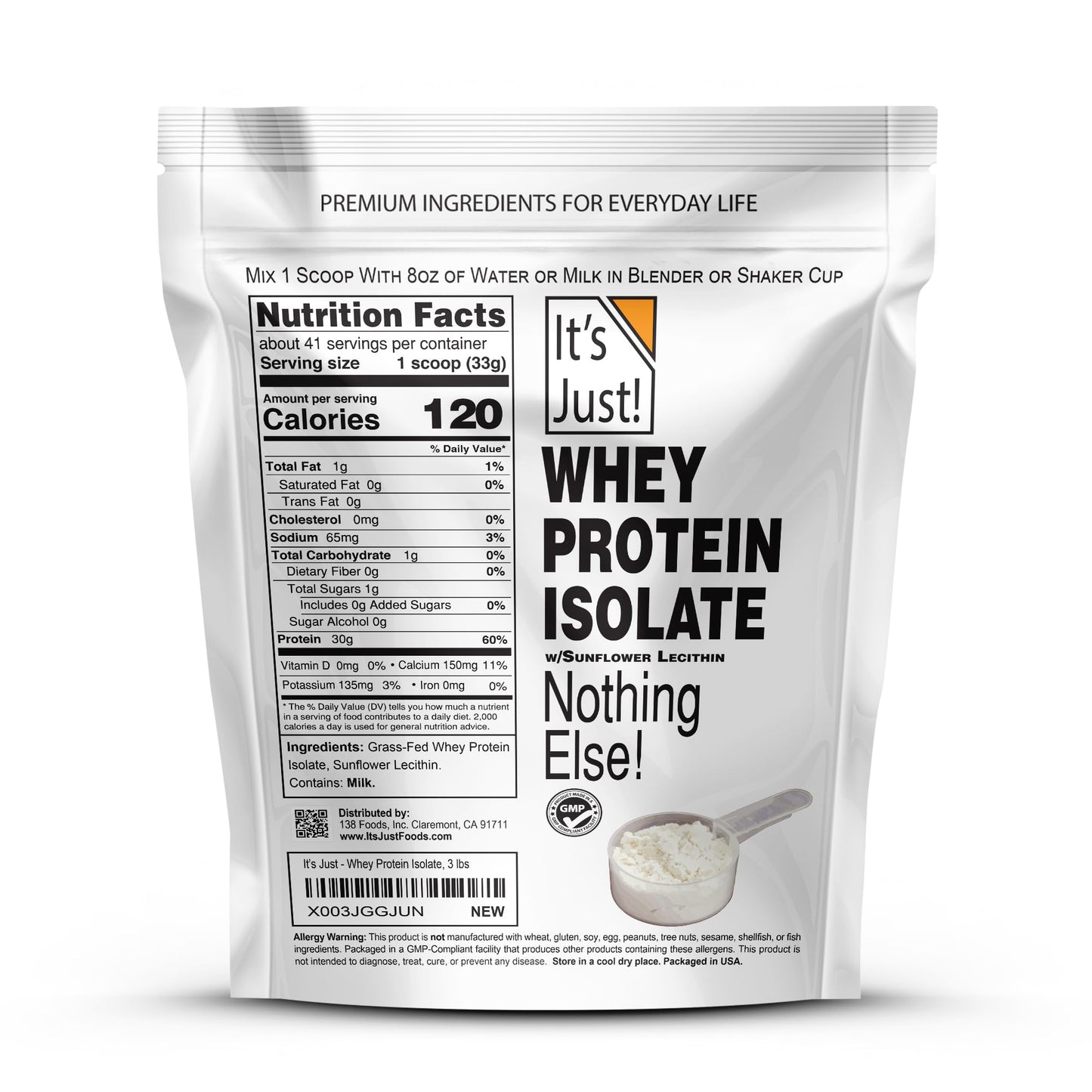 It's Just! Whey Protein Isolate Powder, Ultra Premium Grass-Fed, Unflavored, Made in USA, Pure 90% Protein, Only 1g Carb, No Added Sugar, 48 Servings, 3 Pound