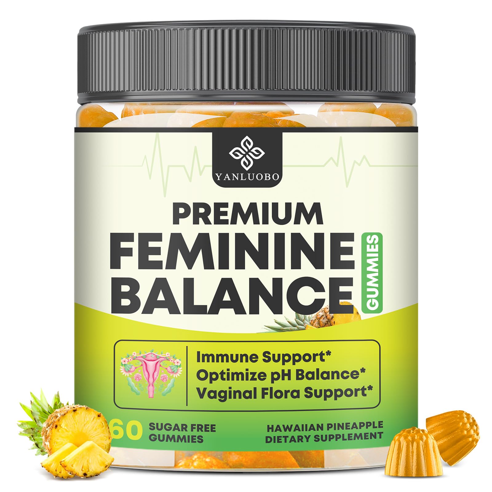YANLUOBO Feminine Balance Probiotic Gummies - Women's Vaginal Health Support, PH Balance & Odor, Flora, Immune Support, Vegan Pineapple Flavor, 60 Count