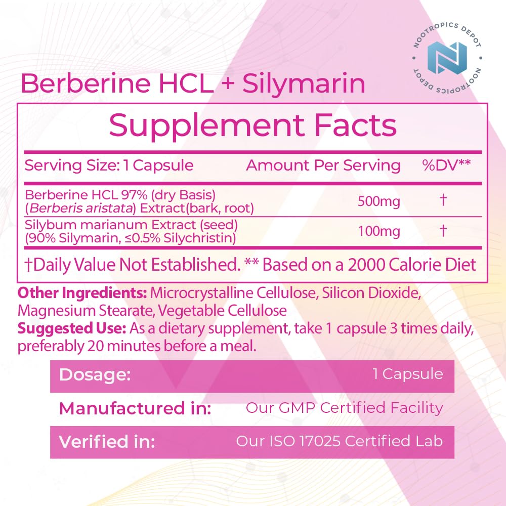 Nootropics Depot Berberine HCL + Silymarin Capsules, 180 Count