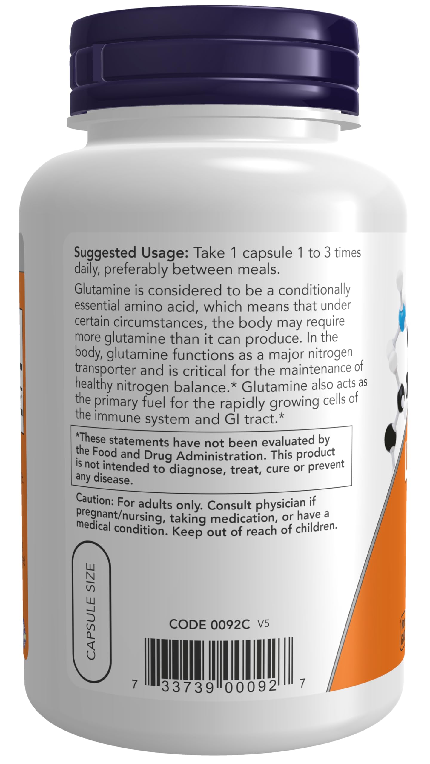 NOW Foods L-Glutamine 500 mg Nitrogen Transporter Amino Acid, 240 Capsules