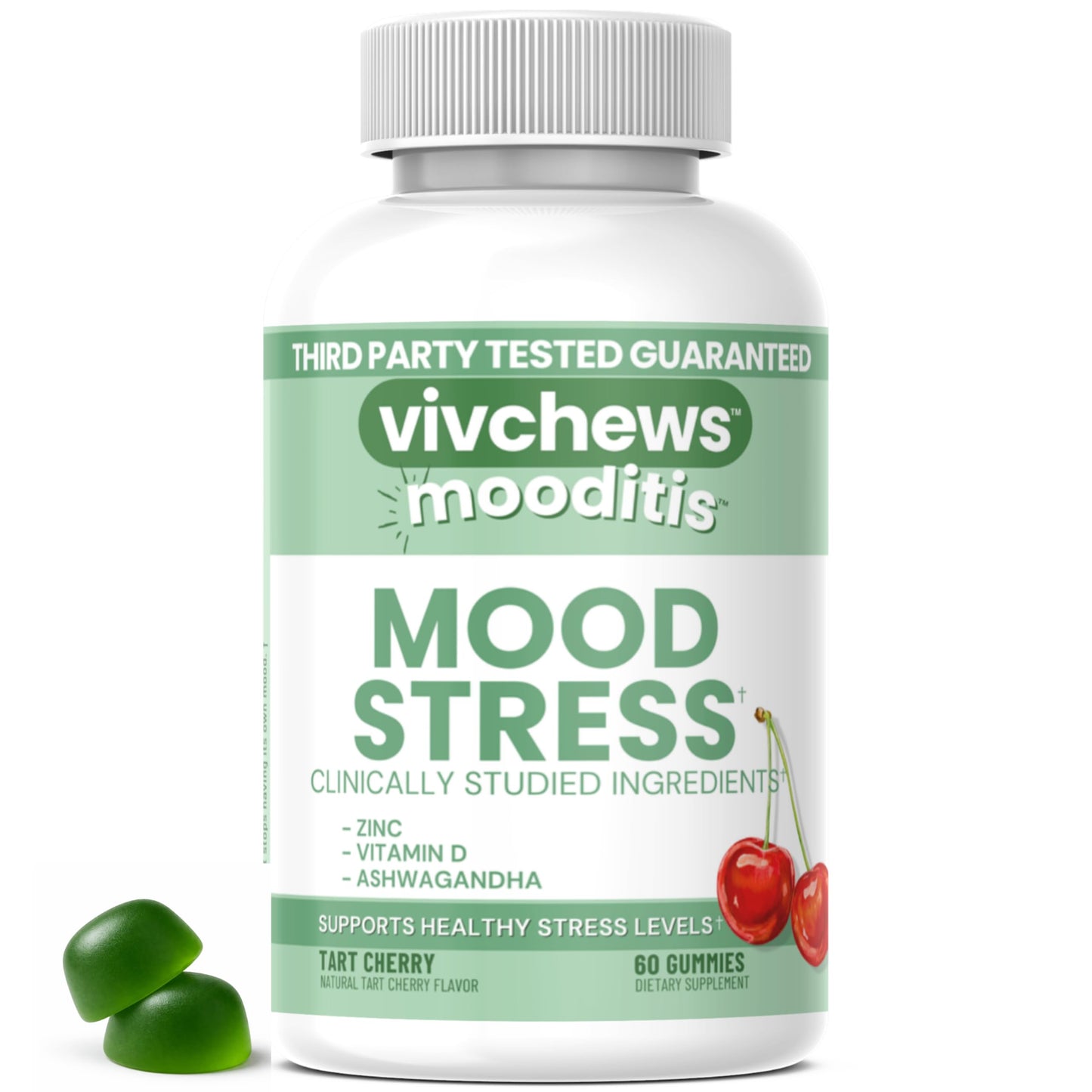 vivchews Mood & Stress Gummies Zinc, Vitamin D & Ashwagandha for Calm & Emotional Balance, Tart Cherry Flavor, Non-GMO, 60 Gummies